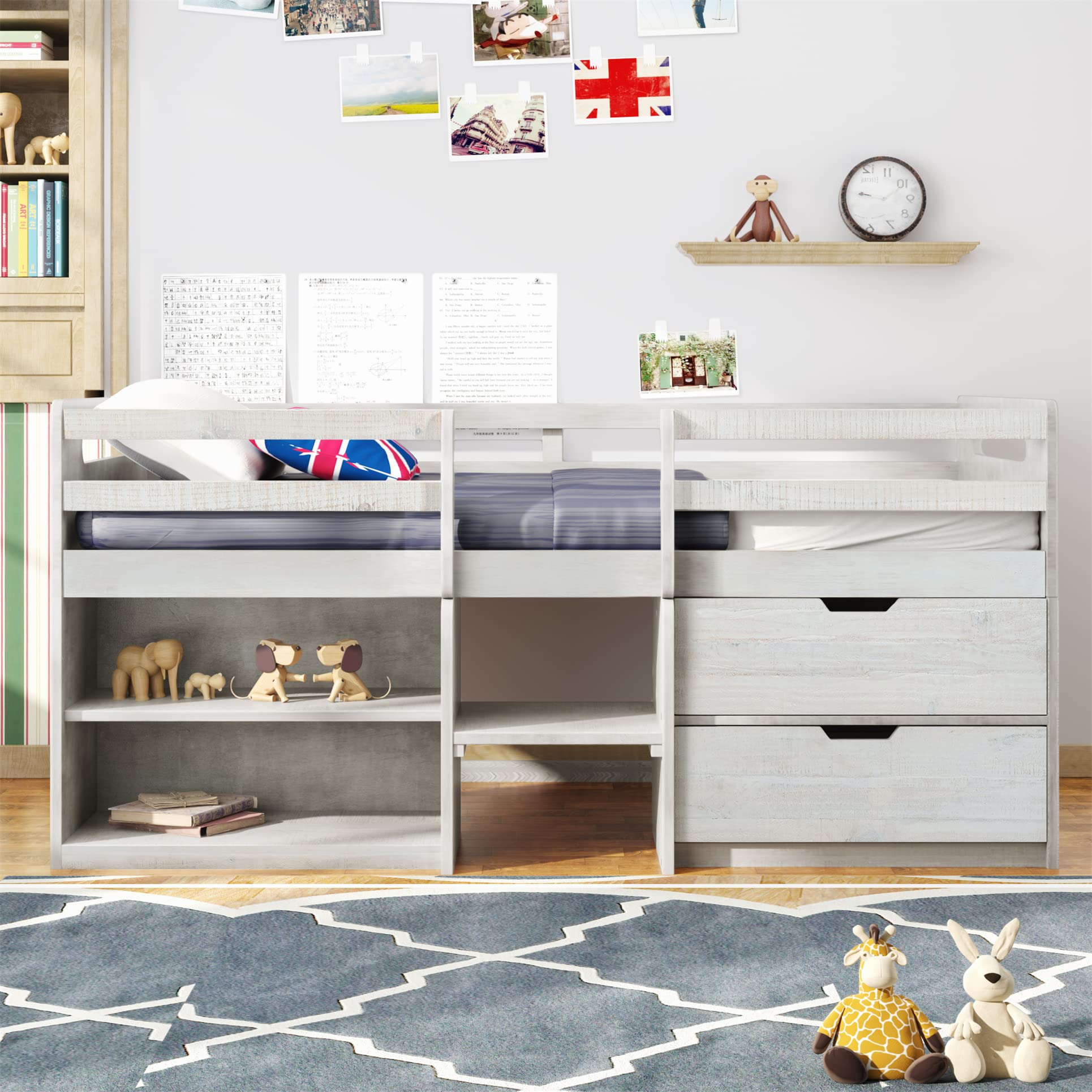 Harper & Bright Designs Twin Loft Bed with Storage Drawers & Shelves - Wooden Low Loft Bed for Kids & Teens - No Box Spring Needed - Antique White - Perfect for Small Bedrooms, Dorm Rooms & Space-Saving Kids' Rooms