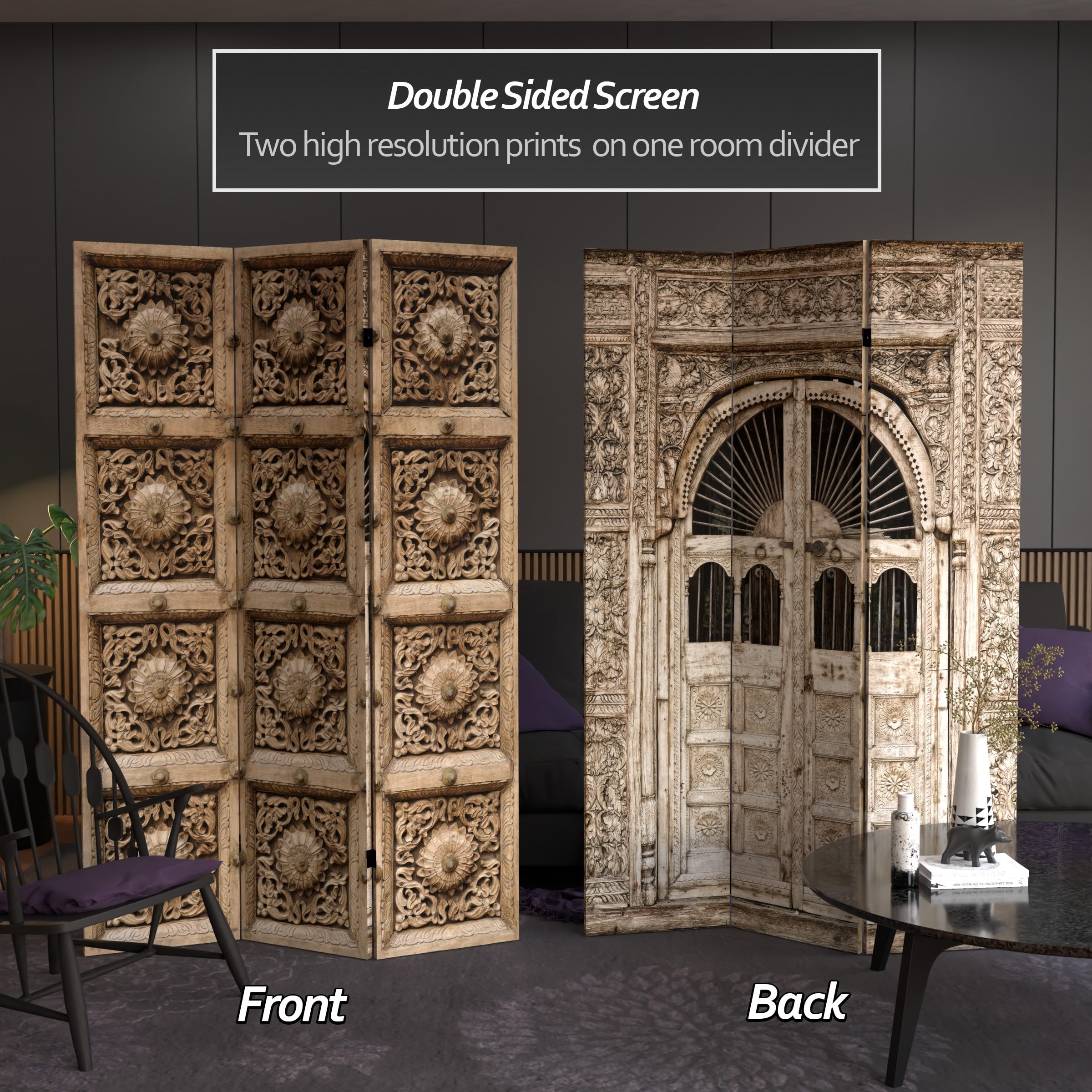 6 ft Tall Red Lantern Double-Sided Stone Doorway Canvas Room Divider - Beige | Freestanding Partition Screen for Living Room, Bedroom, Office & Event Decor