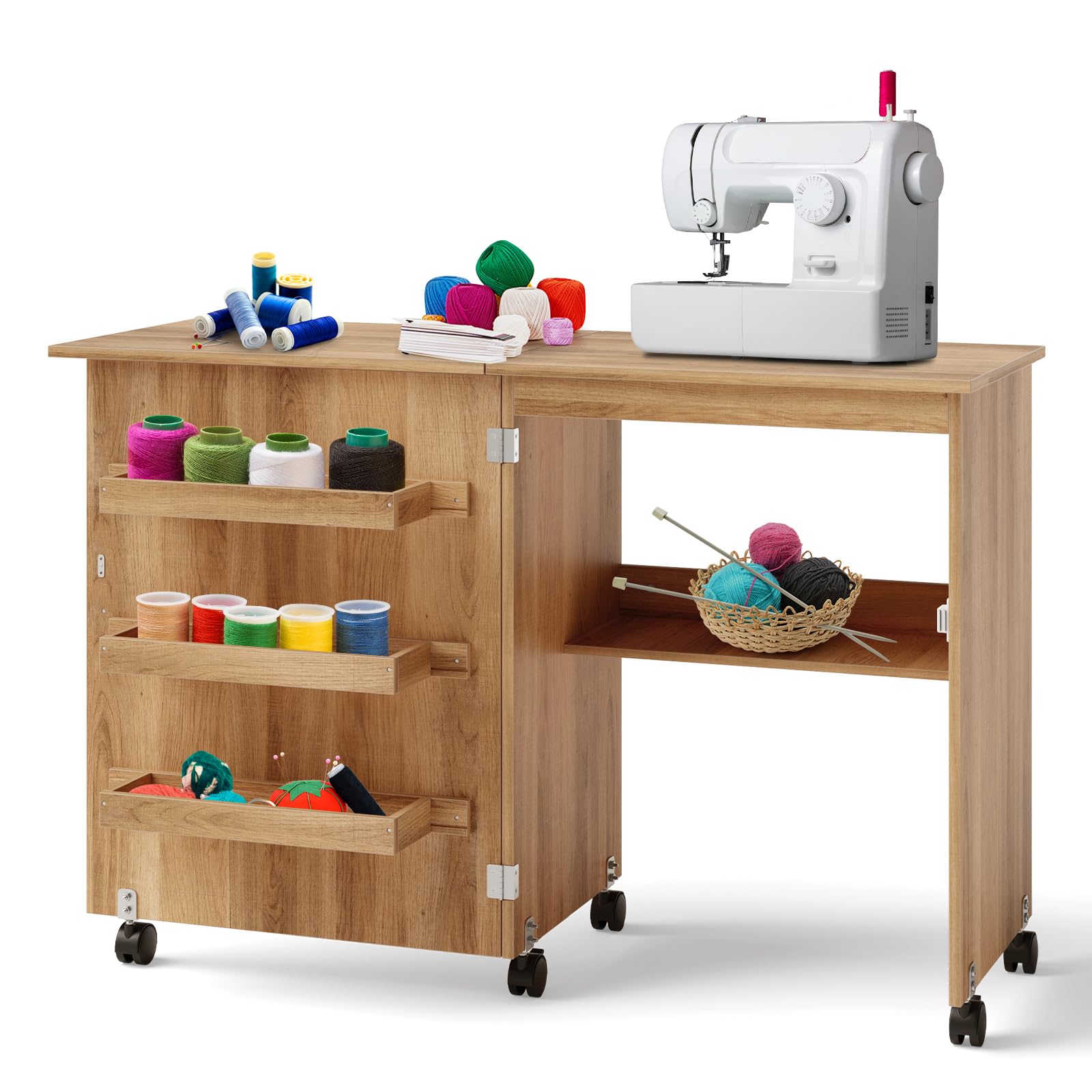 COSTWAY Folding Sewing Table with Lockable Wheels - Multipurpose Craft Station Desk & Display Cabinet with Storage Shelves - Rolling Sewing Machine Table for Home, Apartment (Natural Finish) | Perfect for Quilting, DIY Projects & Small Space Organization