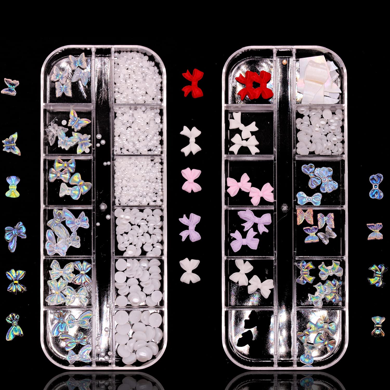 JERCLITY 3D Aurora Butterfly & Bow Nail Charms - 2 Boxes Nail Art Decorations with Pearls & Studs for Acrylic Nails - Perfect for Salon, DIY Manicure & Women's Nail Accessories - Great Gift for Girls & Teens