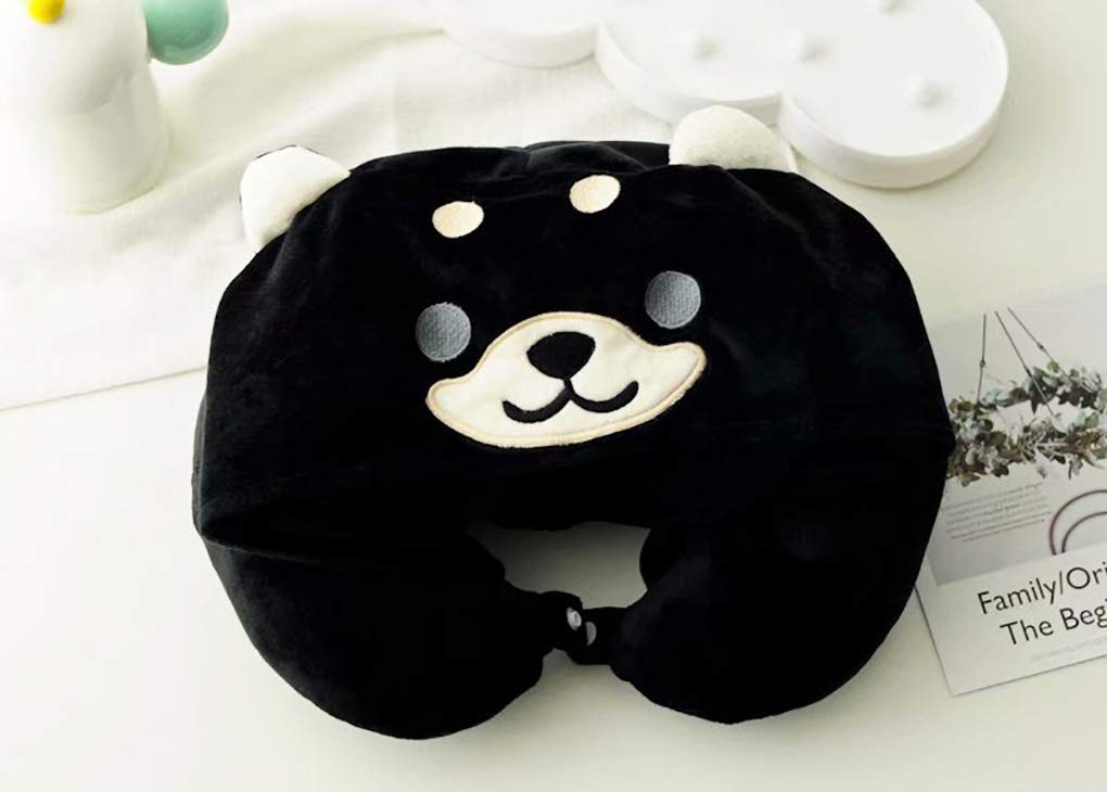 Shiba Inu Soft Hooded Travel Neck Pillow - Cartoon Animal U-Shaped Memory Foam Pillow for Airplane, Car & Office - Black (Perfect for Long Flights, Road Trips & Work Breaks)
