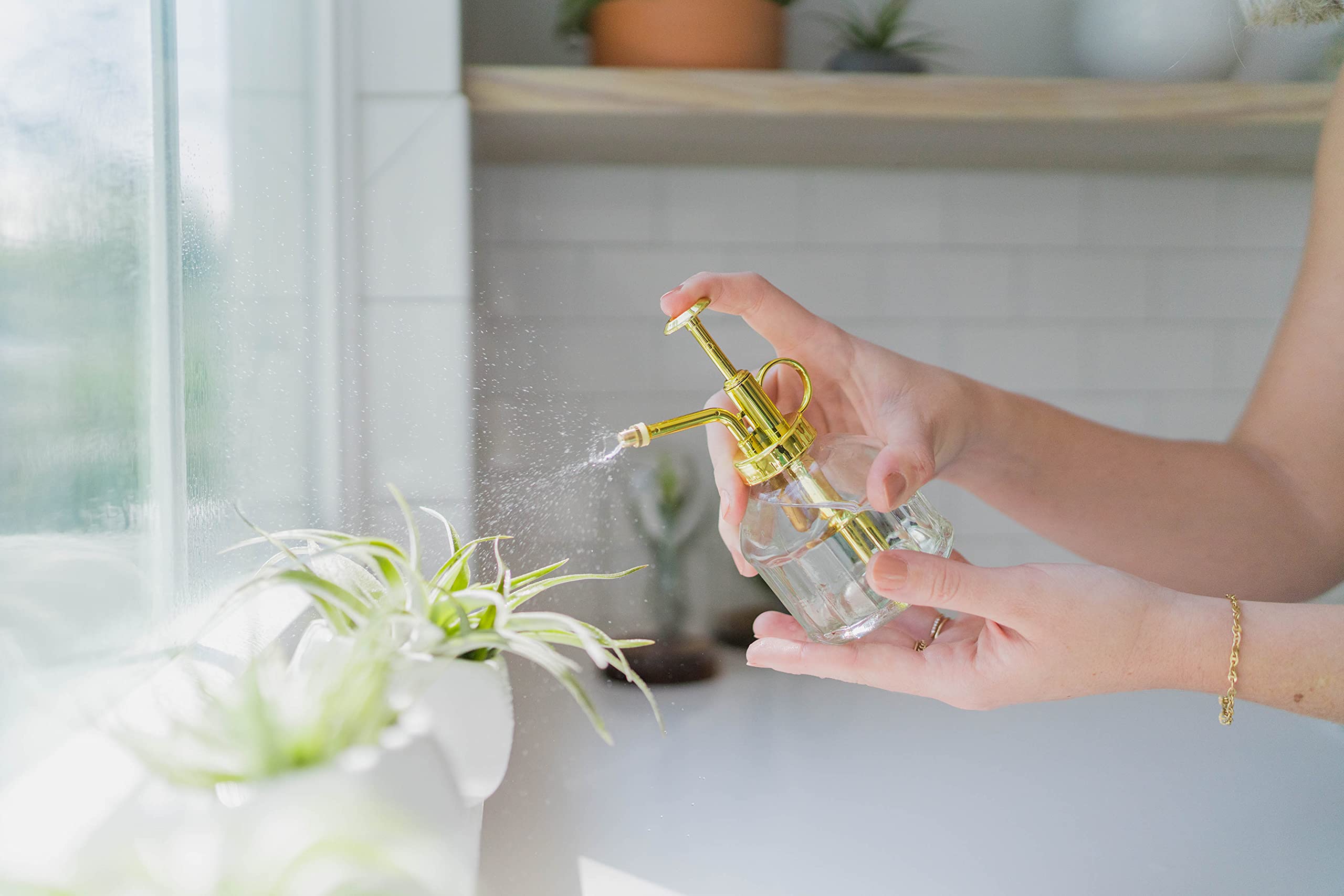 Premium Glass Plant Watering Mister - 8oz Gold Accent Spray Bottle for Indoor Plants | Ergonomic Single-Hand Design | Perfect for Succulents, Orchids & Houseplant Care