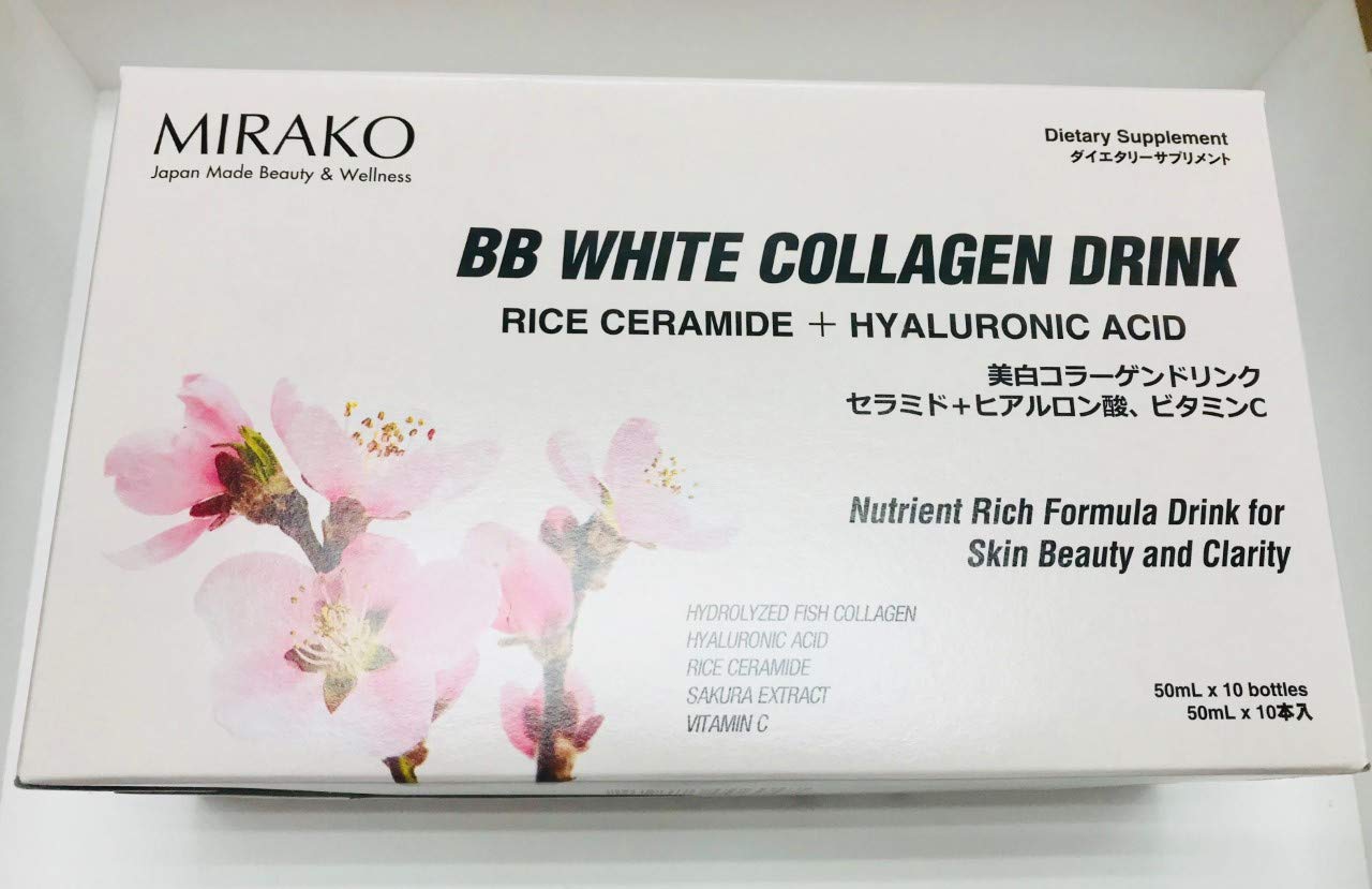 Mirako BB White Collagen Drink with Rice Ceramide & Hyaluronic Acid - 50mL x 10 Bottles - Skin Brightening & Hydration Supplement for Glowing Complexion - Perfect for Daily Beauty Routine & Anti-Aging Care