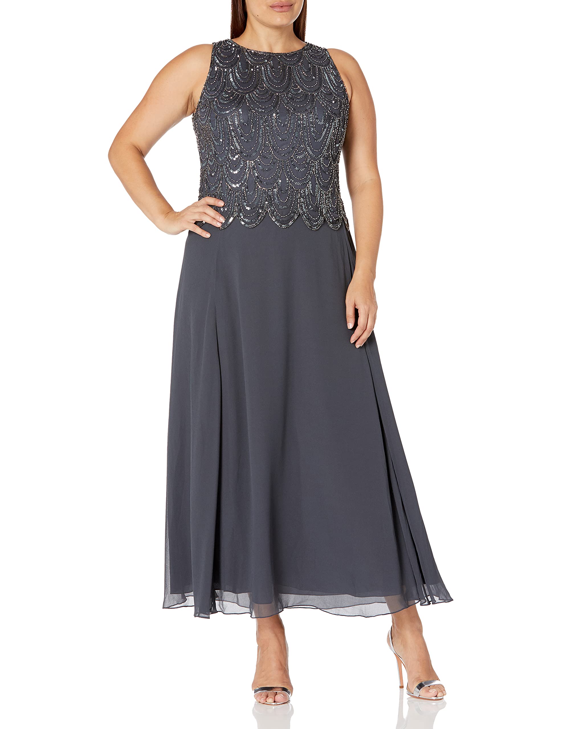 J Kara Women's Petite Sleeveless Beaded Pop Over Dress with Scarf - Elegant Summer Cocktail Party & Wedding Guest Dress