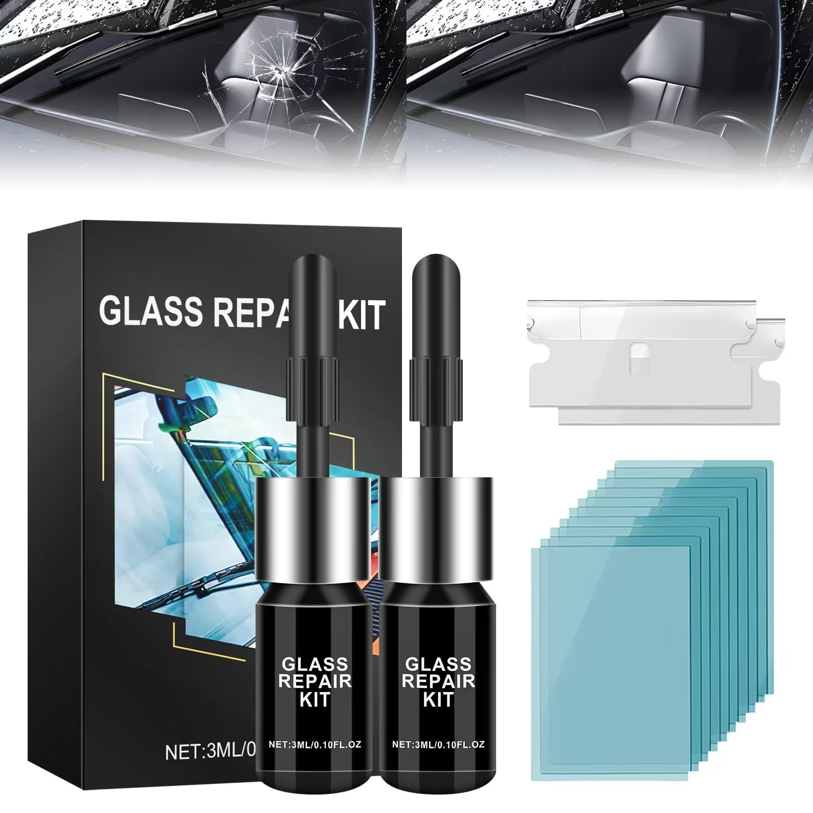 Premium Windshield Repair Kit - 2 Bottles Car Glass Crack & Chip Repair Fluid - Fix Chips, Cracks, Bulls-Eye & Star-Shaped Damage (Black) | Quick DIY Solution for Auto Glass Repair at Home or On-The-Go