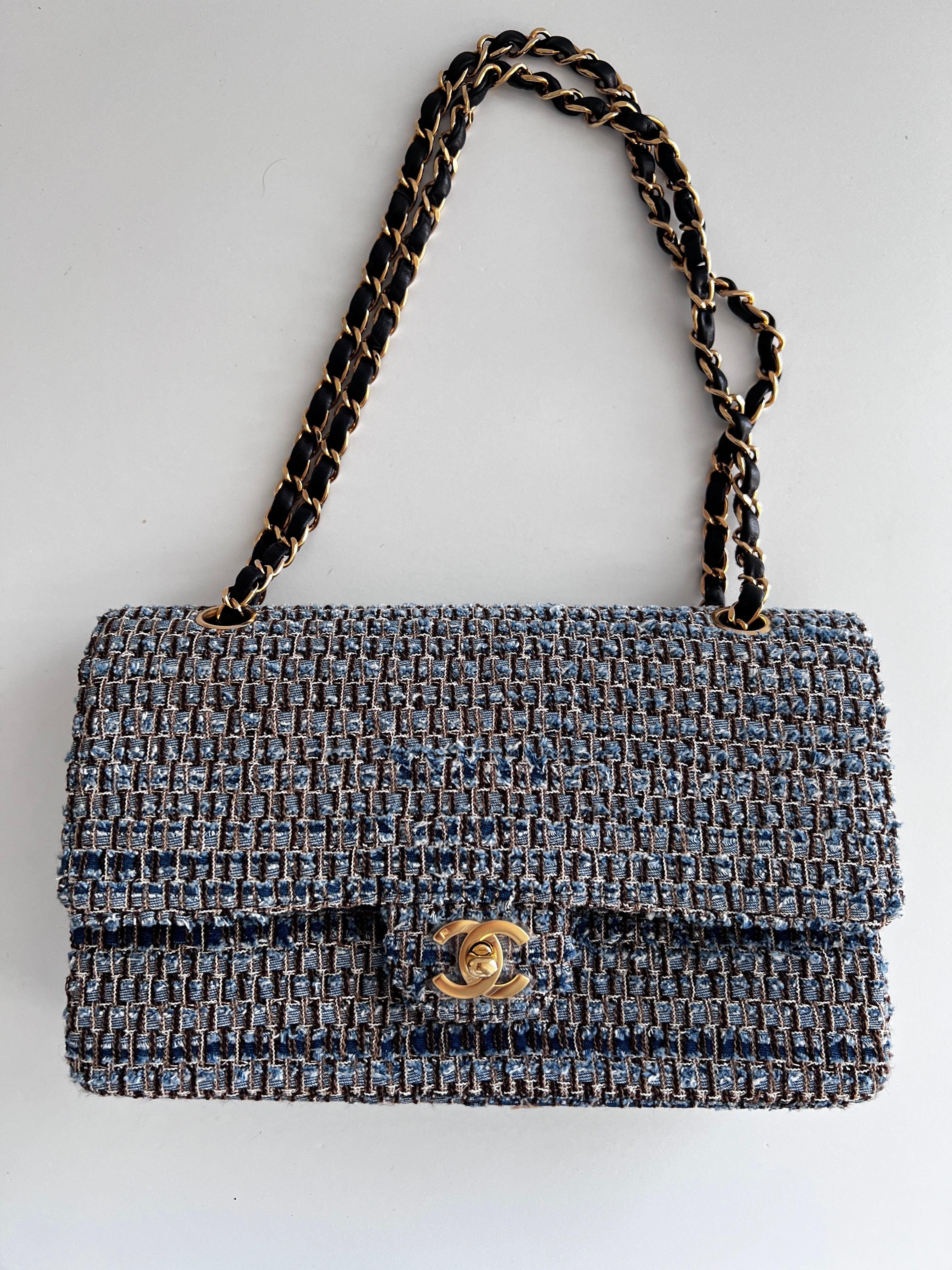 Vintage Chanel Medium Blue Tweed Double Flap Bag - Authentic Pre-Owned Luxury Handbag for Women | Perfect for Parties, Weddings & Special Occasions
