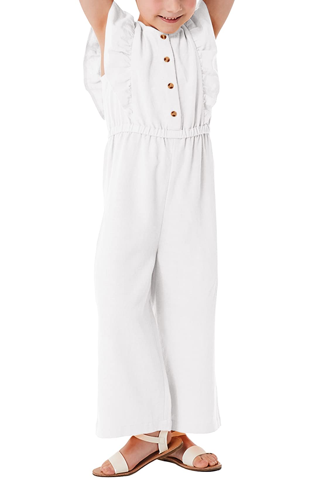GAMISOTE Girls Wide Leg Jumpsuit - Cotton Sleeveless Button Up Romper with Ruffle Detail | Cute One-Piece Outfit for Summer Playdates, Beach Vacations & Casual Wear