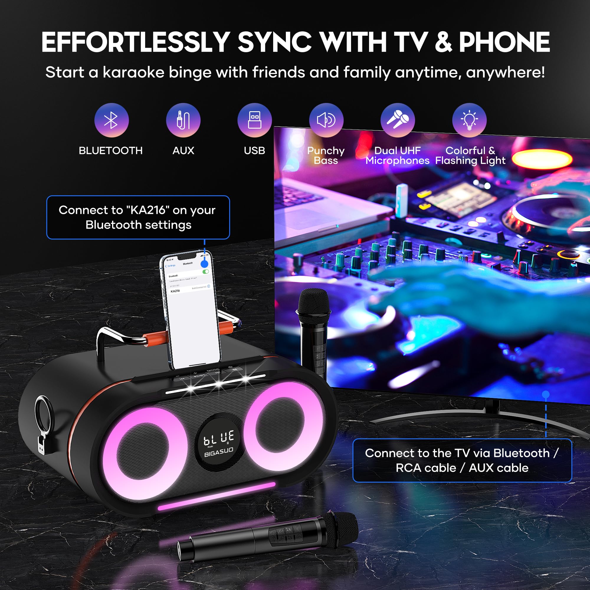 BIGASUO Portable Bluetooth Karaoke Machine with Deep Bass & Flashing Lights - Wireless PA Speaker System with 2 UHF Microphones for Home, Party, Wedding & Outdoor Singing | Perfect for Family Gatherings, Birthday Celebrations and Camping Entertainment