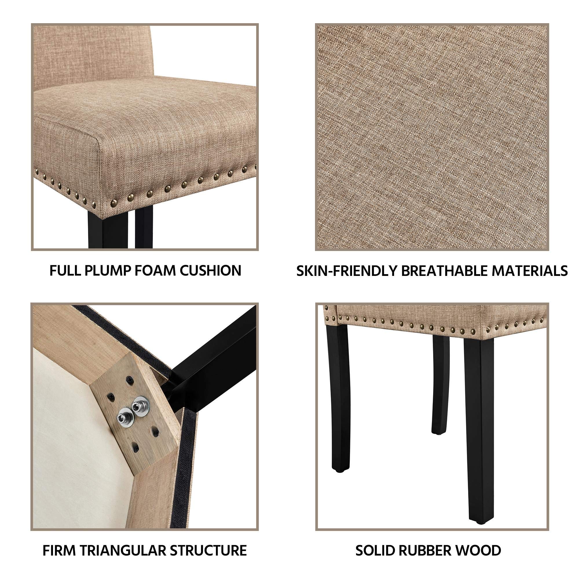 Premium Fabric Upholstered Parson Dining Chairs Set of 2 - Classic Style with Rubber Wood Legs & Leather Cushion for Kitchen, Dining Room, Living Room or Hotel | Comfortable Seating for Family Gatherings & Dinner Parties (Khaki)