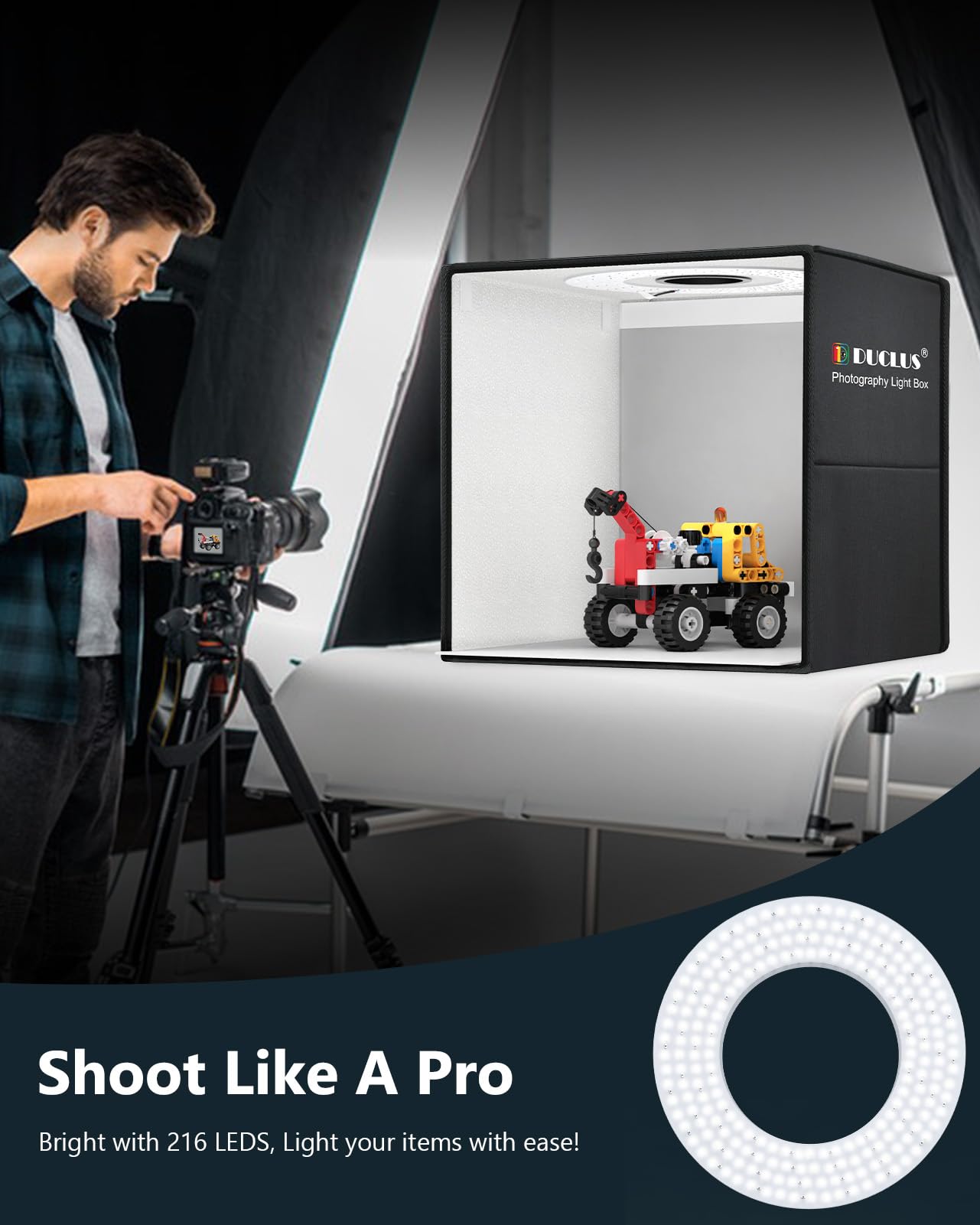 DUCLUS 20x20 Inch Professional Photography Light Box - Large Portable LED Light Tent Kit with 216 Dimmable Lights & 6 Backdrops - Perfect for Jewelry, Food, Etsy Product Photography (Ideal for Amazon, eBay, Small Business Online Stores)