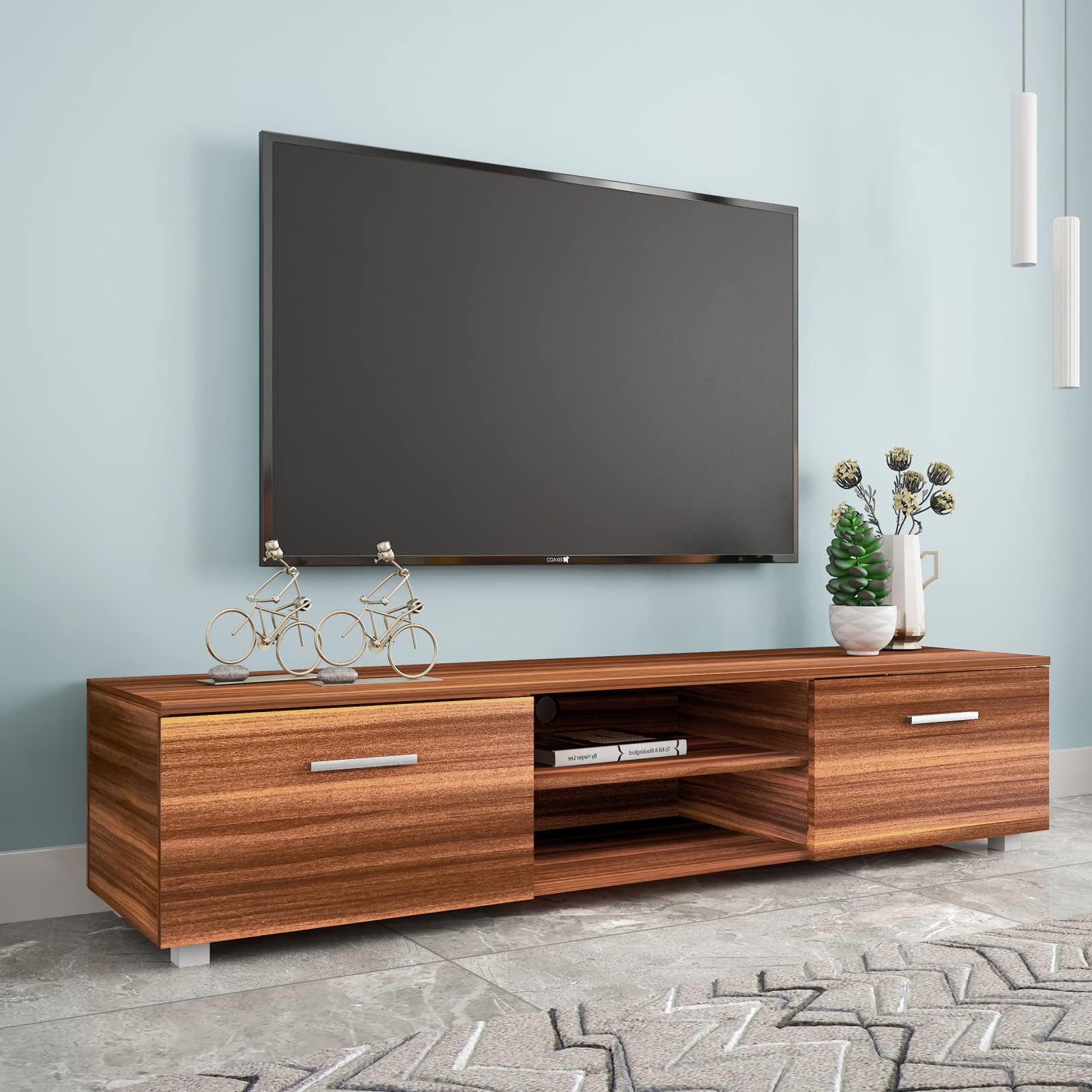 80 Inch Walnut Wood TV Stand with 2 Large Storage Shelves - Entertainment Center Media Console for Living Room & Bedroom - Perfect for Home Theater Setup and Living Room Organization