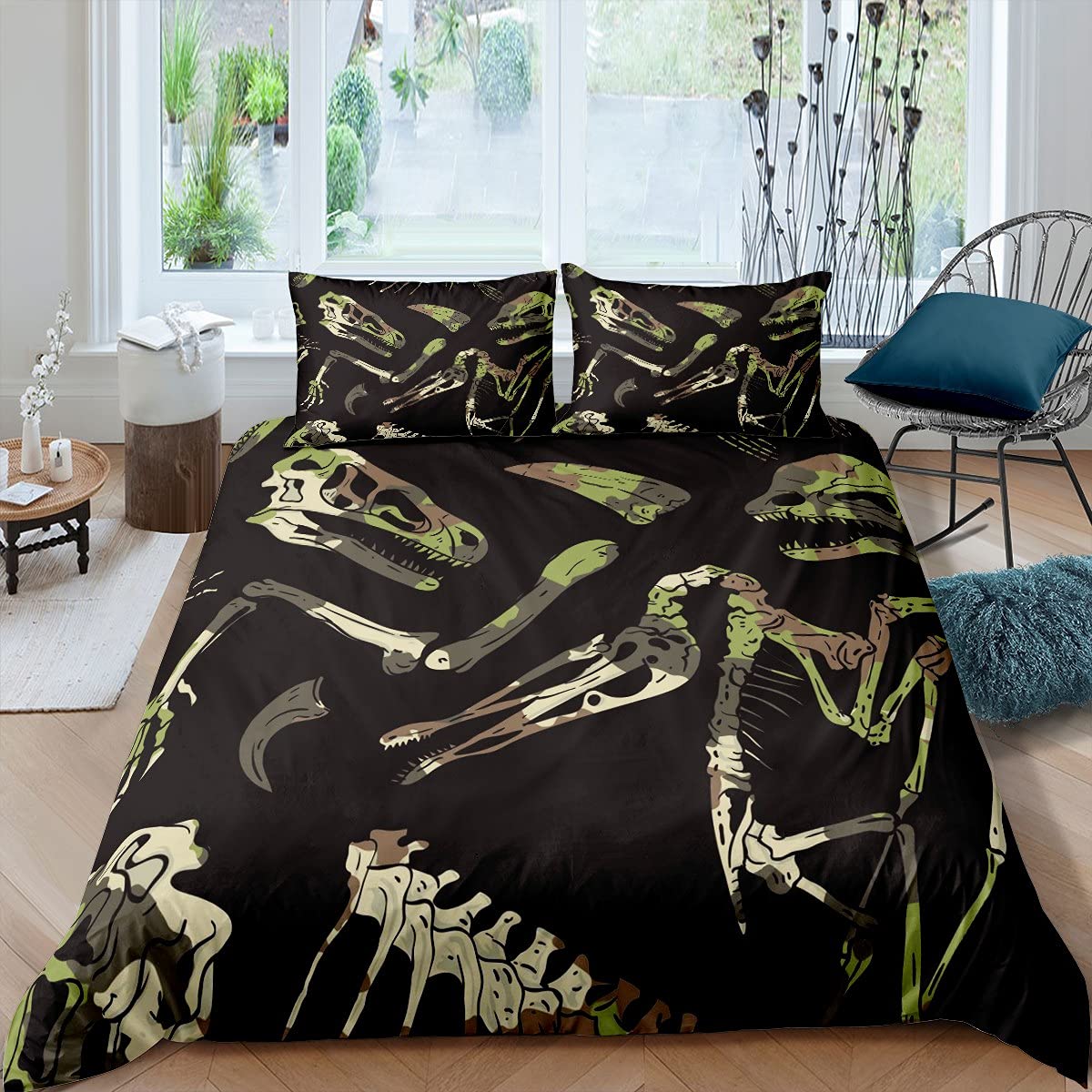 Dinosaur Duvet Cover Set for Kids Boys & Girls - Twin Size Dinosaur Skull Bones Bedding 2 Piece Set with Pillowcase | Soft Microfiber Comforter Cover in Camouflage Skeleton Print | Perfect for Kids' Bedroom Decor, Themed Parties & Cozy Sleep