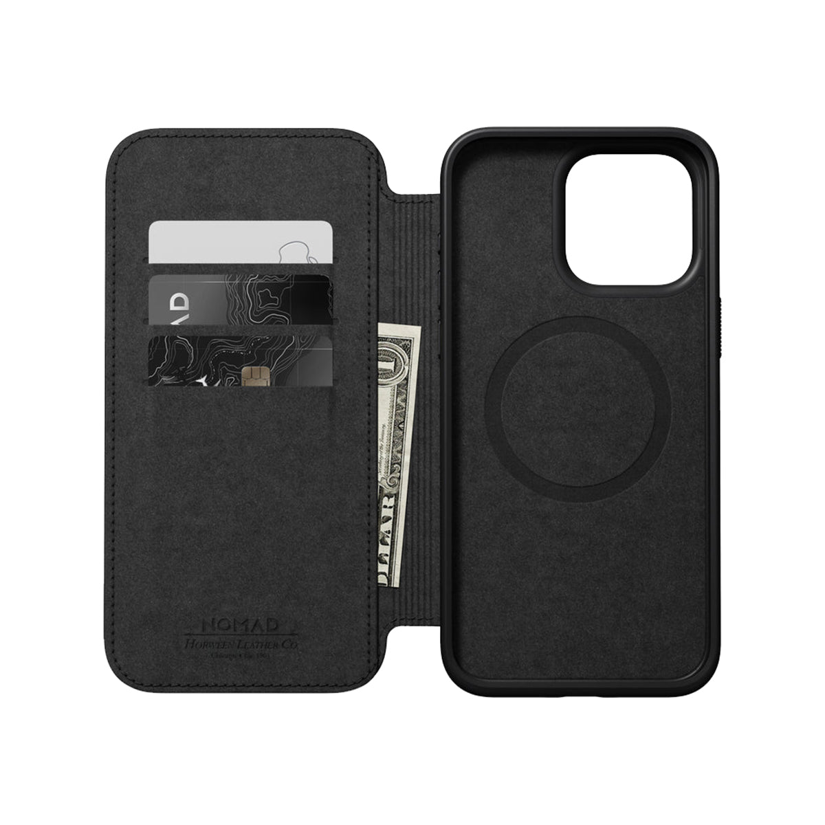 Premium Nomad Horween Leather Folio Case for iPhone 15 Pro Max - Black | Slim Protective Wallet Cover with Card Slots | Perfect for Business Professionals & Travel