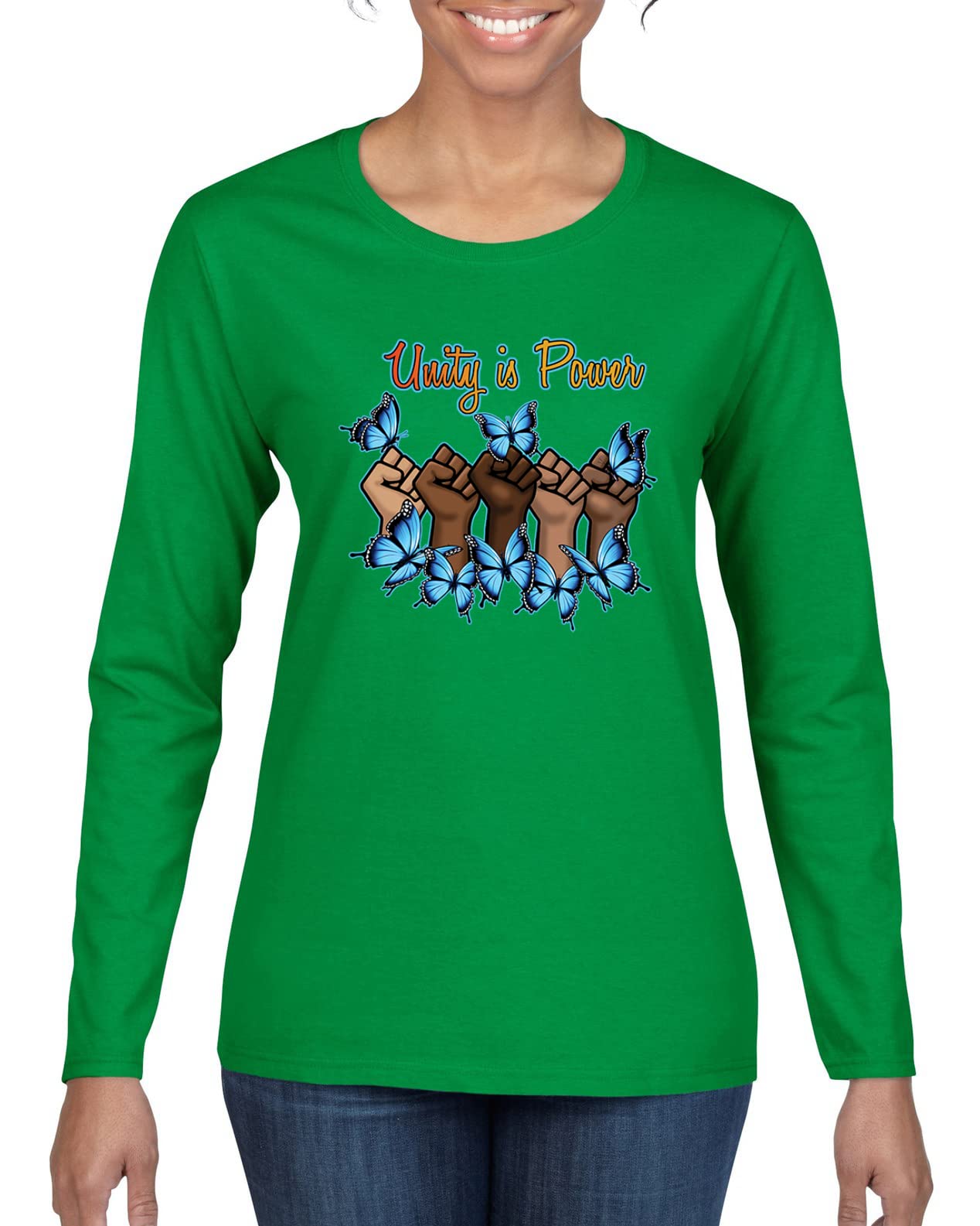 Wild Bobby Unity is Power Black Pride Women's Graphic Long Sleeve T-Shirt - Black History Month Apparel, African American Pride Tee, Casual Wear for Women