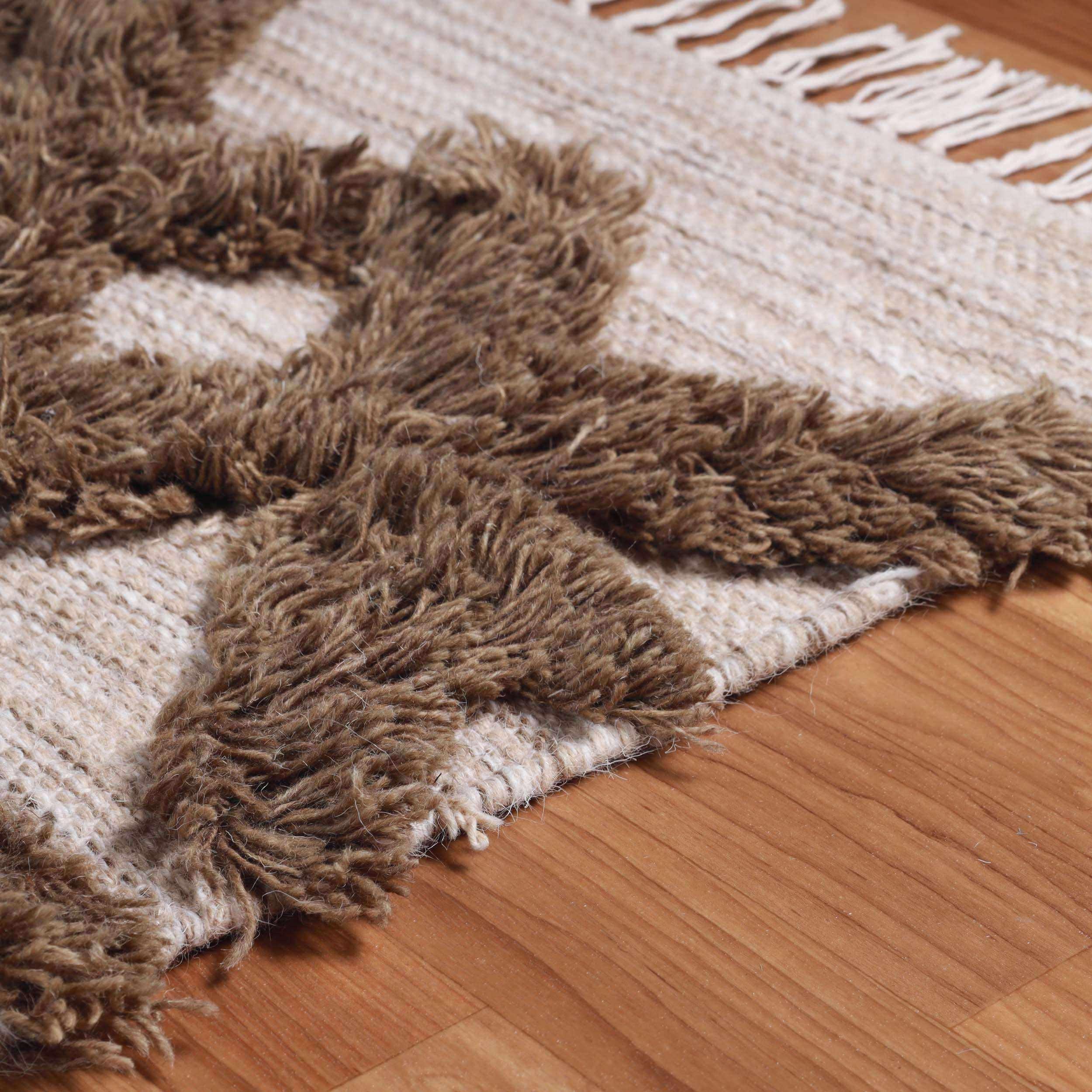 Bohemian Wool Geometric Medallion Fringe Rug - Handmade Indoor Area Carpet or Runner for Living Room, Bedroom & Boho Home Decor