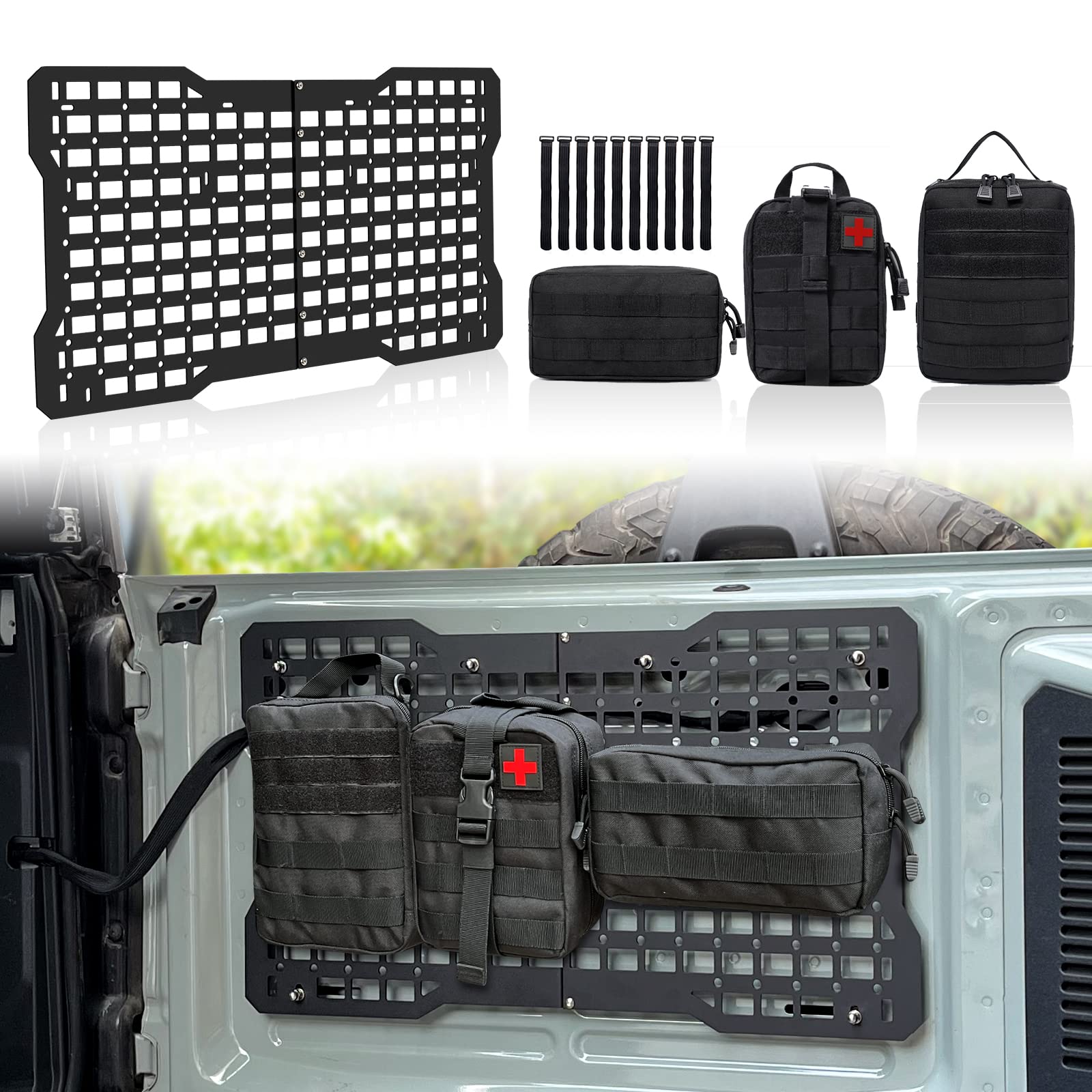 MAIKER Heavy Duty Off Road Tailgate Storage Panel - Steel Molle Cargo Shelf with 3 Storage Bags for 2021-2023 Ford Bronco 2/4 Door Accessories | Perfect for Camping, Overlanding & Outdoor Adventures