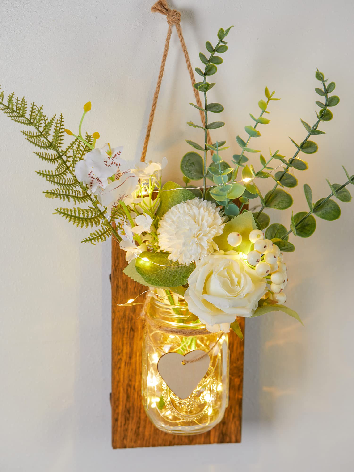 Party Joy Mason Jar Sconces Set of 2 - Rustic Wall Decor with Remote Control LED Fairy Lights & Artificial Flowers - Perfect for Bathroom, Bedroom, and Living Room Home Decor