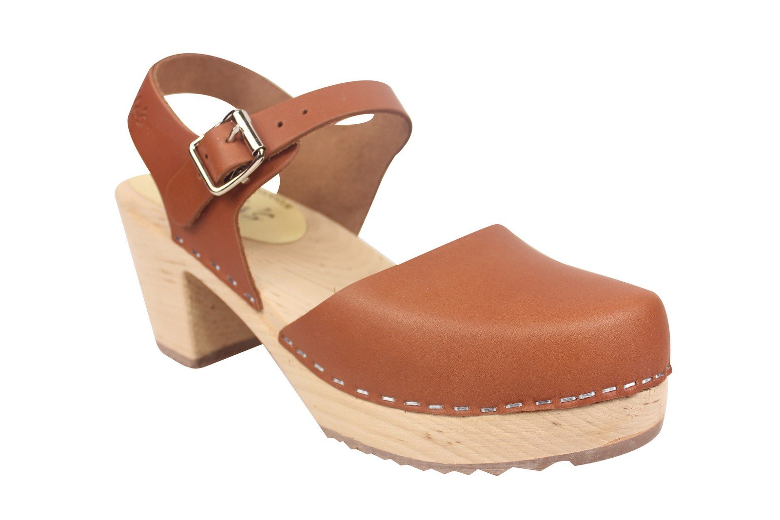 Swedish Highwood Women's High Heel Clog Sandals - Handcrafted Mary Jane Style Wooden Clogs with Alder Wood Base & Genuine Leather in Tan | Perfect for Summer Outfits, Boho Fashion & Comfortable All-Day Wear