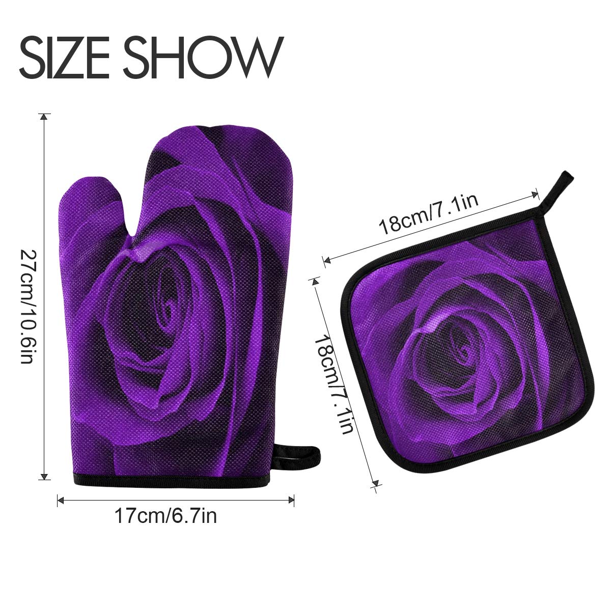 Heat Resistant Purple Rose Oven Mitts & Pot Holders - Non-Slip Microwave Gloves for Baking, Cooking, Grilling & BBQ - Perfect for Kitchen, Camping & Outdoor Cooking