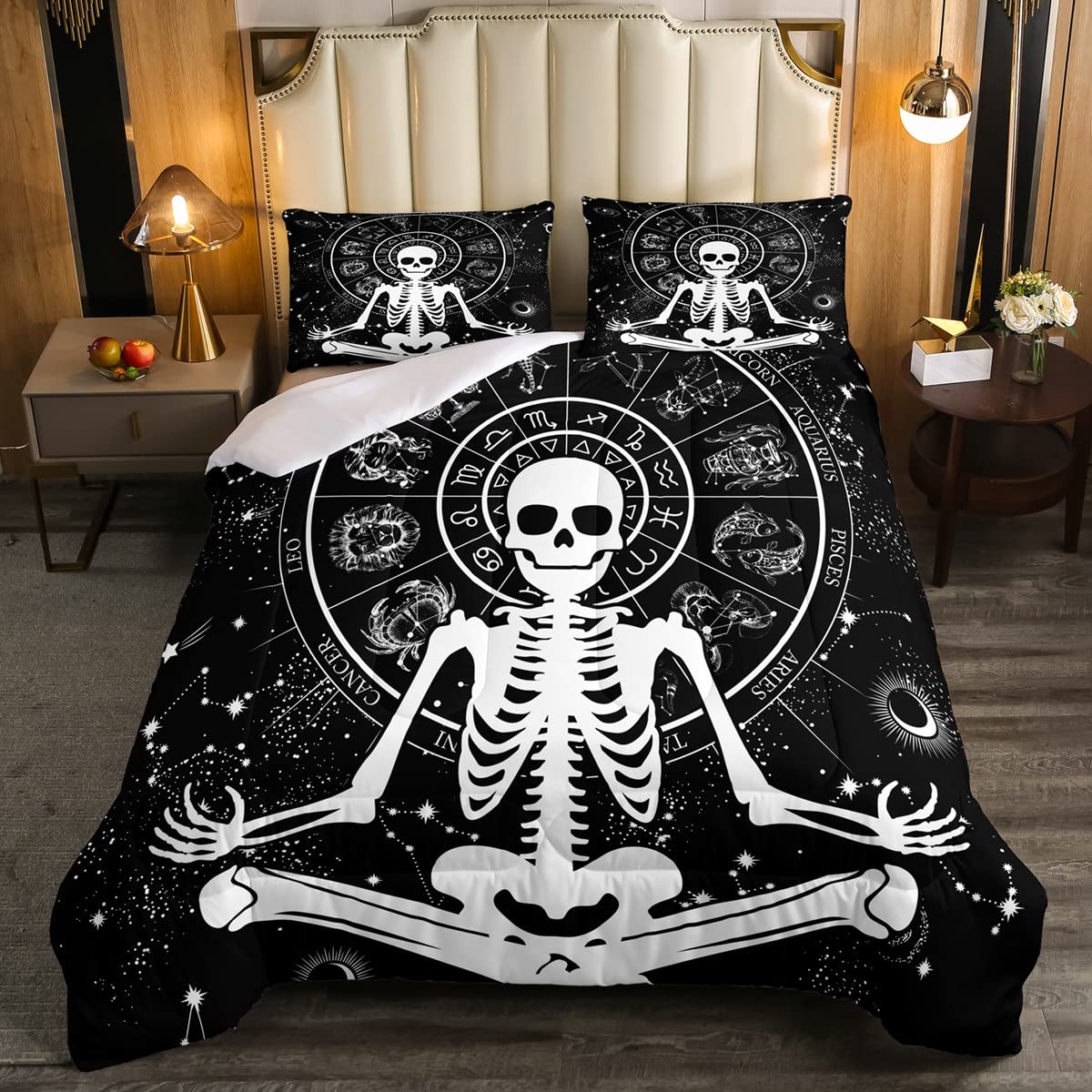 Gothic Skeleton Comforter Set with Zodiac Constellation & Starry Sky Galaxy Design - Twin Size Bohemian Duvet Cover | European Medallion Style Sun Moon Bedding for Kids' Bedroom Decor - Perfect for Gothic Themed Rooms, Teen Bedrooms & Celestial Nursery Decor