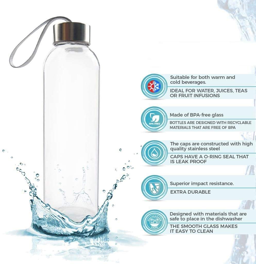 6 Pack 17 oz (500ml) High Borosilicate Glass Water Bottles with Leak-Proof Silver Caps - Reusable Drinkware for Water, Juice, Milk, Tea - Perfect for Gym, Office, Hiking & Outdoor Activities