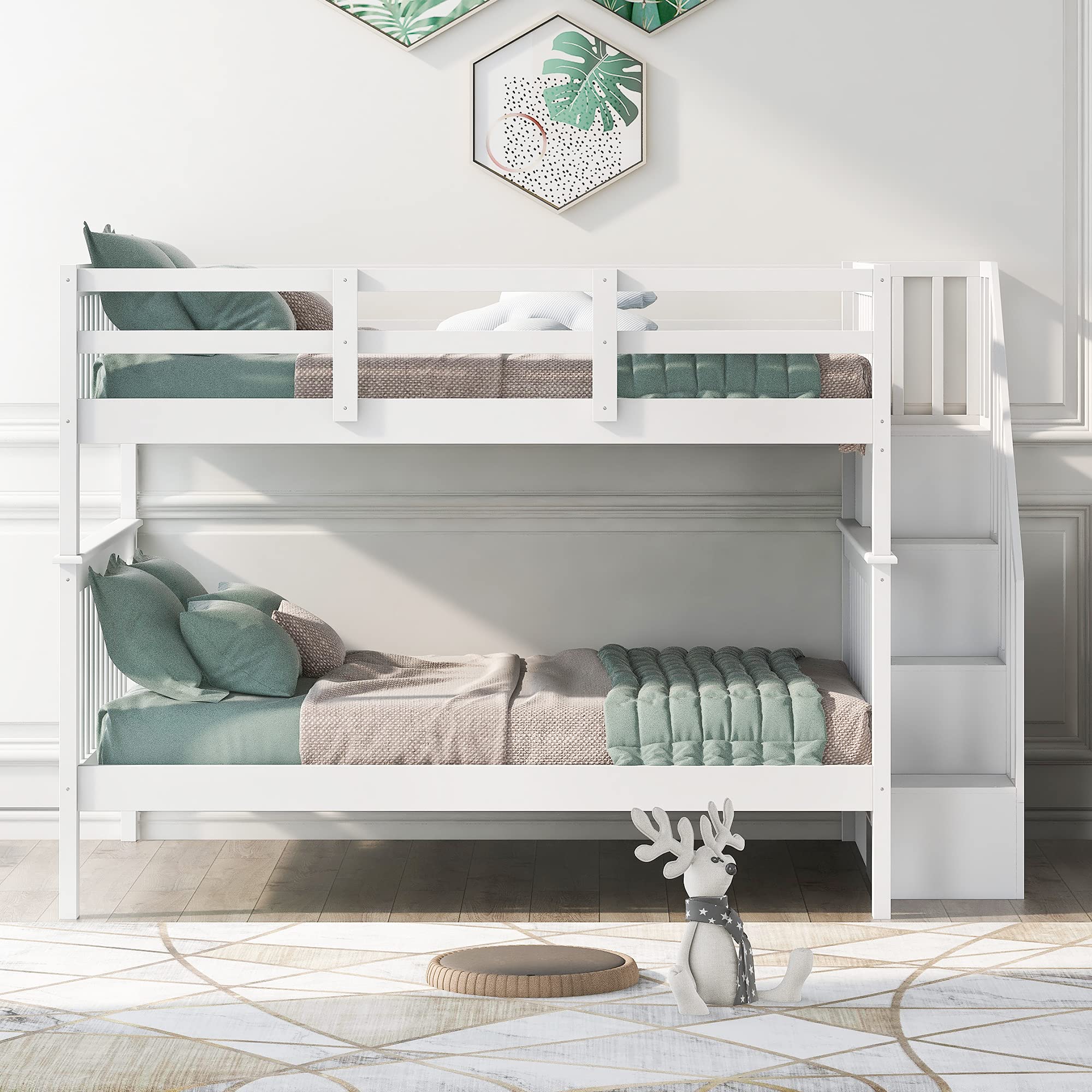 Full Over Full Bunk Bed with Storage & Guard Rail - Solid Wood Twin Bunk Bed for Kids, Teens, Dorm Rooms & Small Spaces - Space-Saving Bedroom Furniture with Underbed Storage (White) - Perfect for Shared Kids' Rooms, College Dorms & Guest Bedrooms