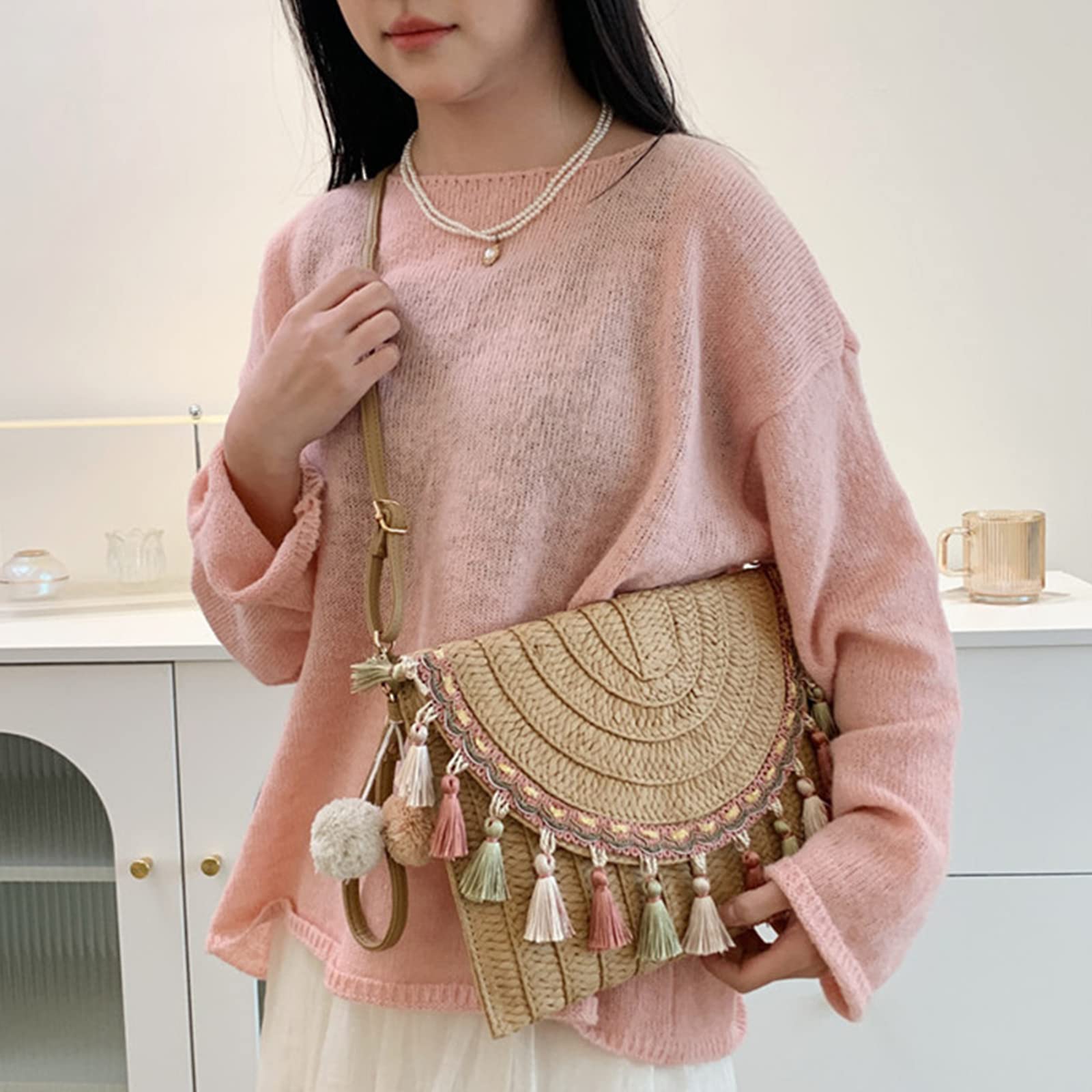 Women's Bohemian Straw Clutch Purse with Tassels - Crossbody Envelope Bag for Vacation, Travel & Daily Outfits (Khaki) - Perfect for Beach Trips, Festivals & Casual Wear
