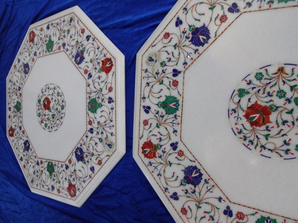 24 Inch White Marble Coffee Table Top with Floral Pietra Dura Inlay Art - Mughal Design Decorative Home Decor for Living Room & Office