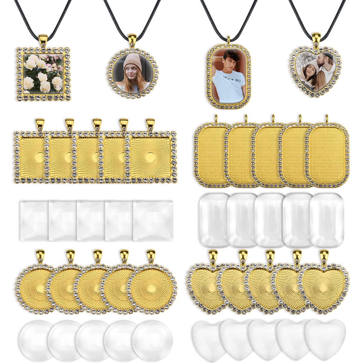 BUUFAN 60PCS Rhinestone Bezel Pendant Trays Set with Clear Glass Cabochons & PU Necklace - DIY Jewelry Making Supplies for Necklaces, Bracelets, Earrings - Perfect for Crafting, Gifts, Fashion Accessories