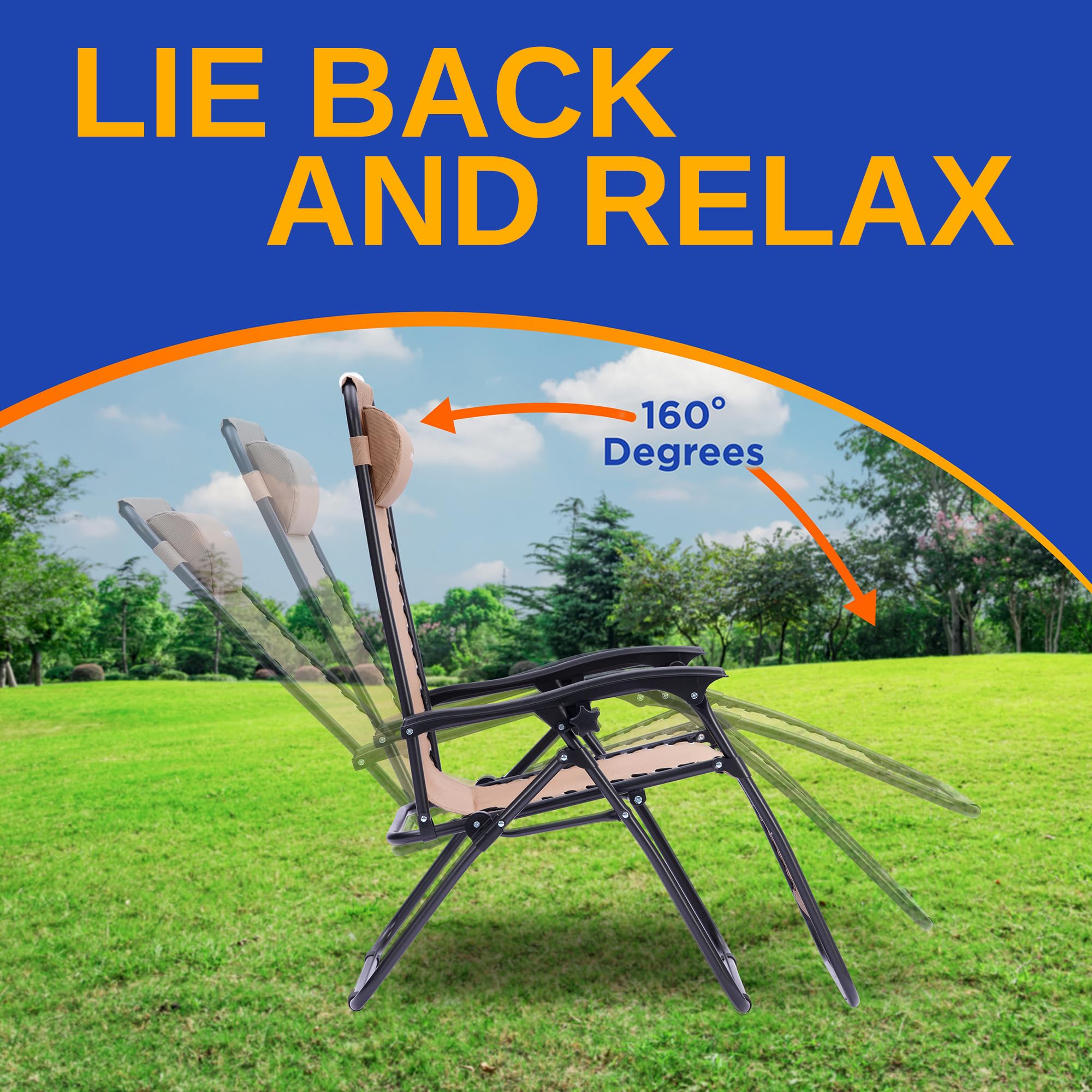 SereneLife Zero Gravity Lounge Chair - Portable Outdoor Recliner with Adjustable Backrest, Cream - Perfect for Patio, Beach, Poolside & Backyard Relaxation