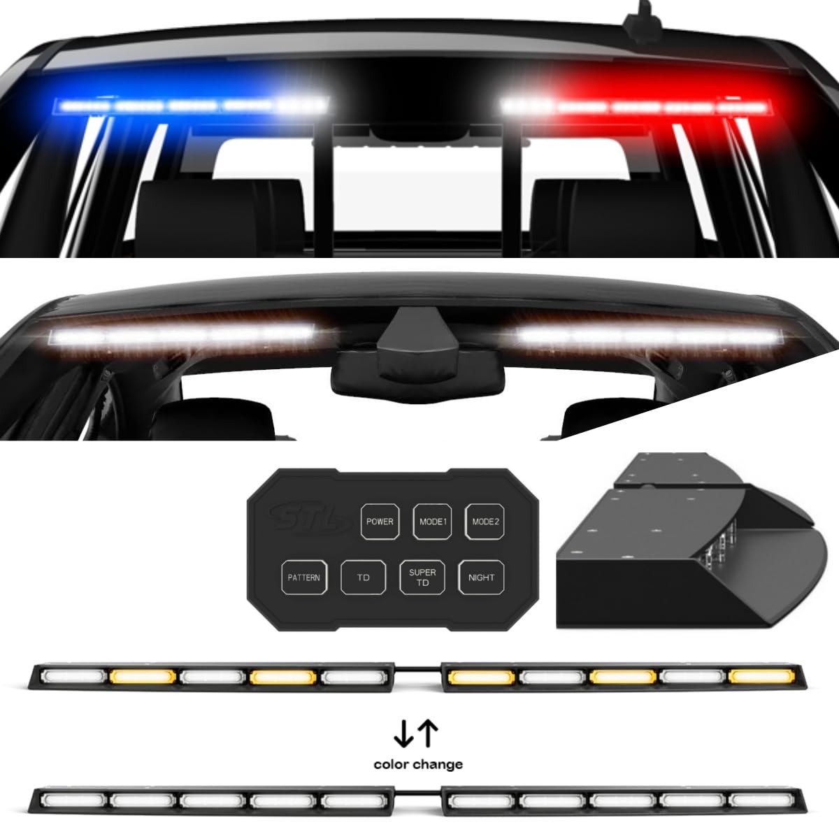 SpeedTech Lights Super Take Down Raptor TIR Upper Windshield Interior Split LED Strobe Visor Light Bar - Amber/Clear Alternating Emergency Warning Lights for Police, Fire, Construction & Hazard Vehicles - Perfect for Roadside Emergencies & Work Zone Safety