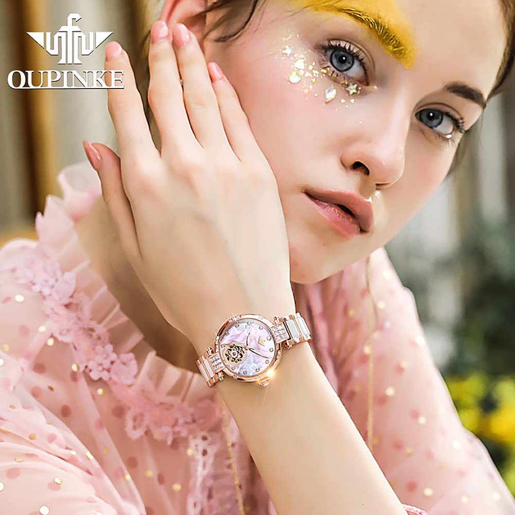 OUPINKE Women's Automatic Diamond Watch - Elegant Skeleton Mechanical Self-Winding Waterproof Luminous Dress Watch for Women | Perfect Gift for Her, Office Wear & Special Occasions