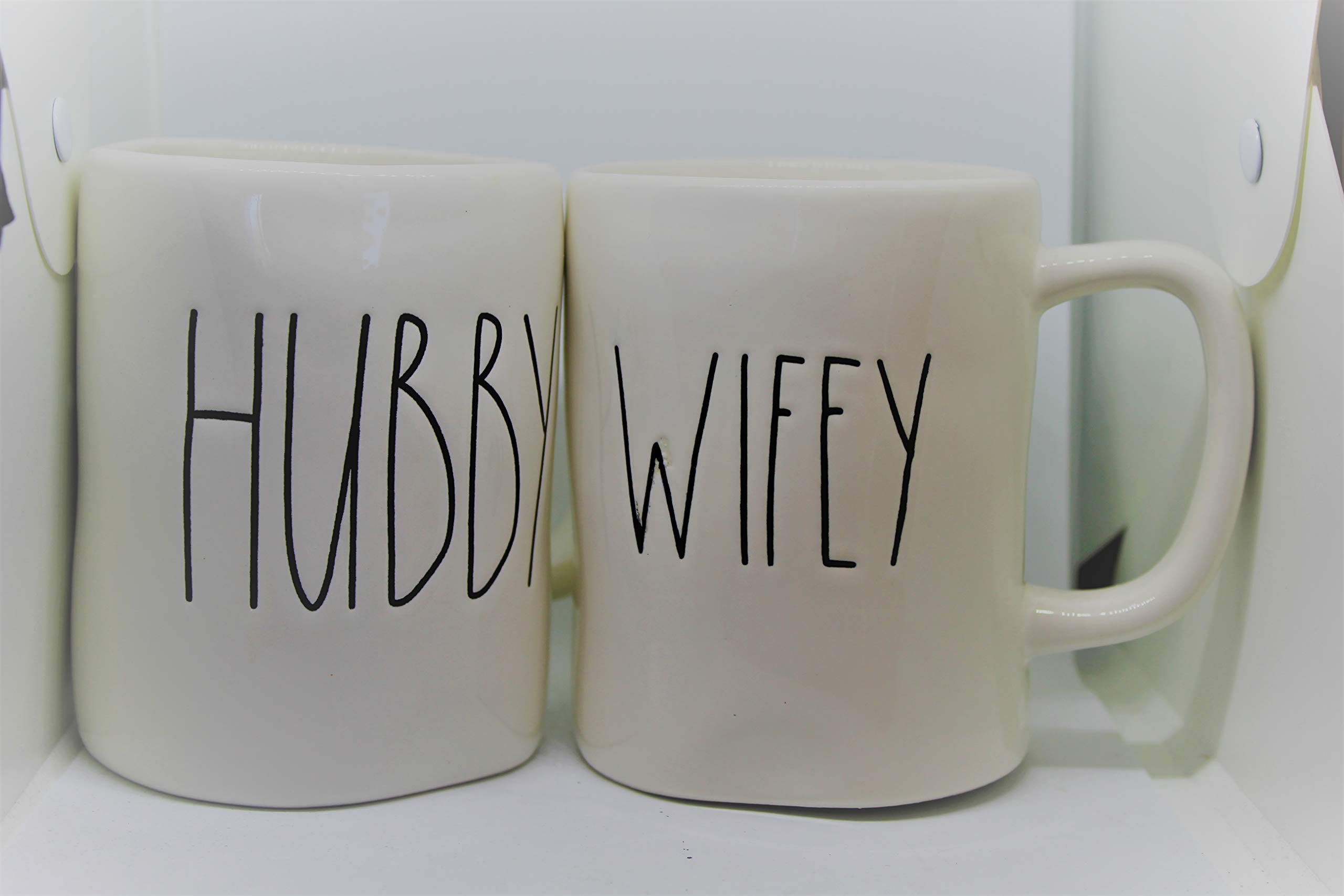Rae Dunn Hubby & Wifey Ceramic Coffee Mugs Set - Just Married Gift Boxed by Magenta - Perfect Couple Gift for Wedding, Anniversary & Newlyweds