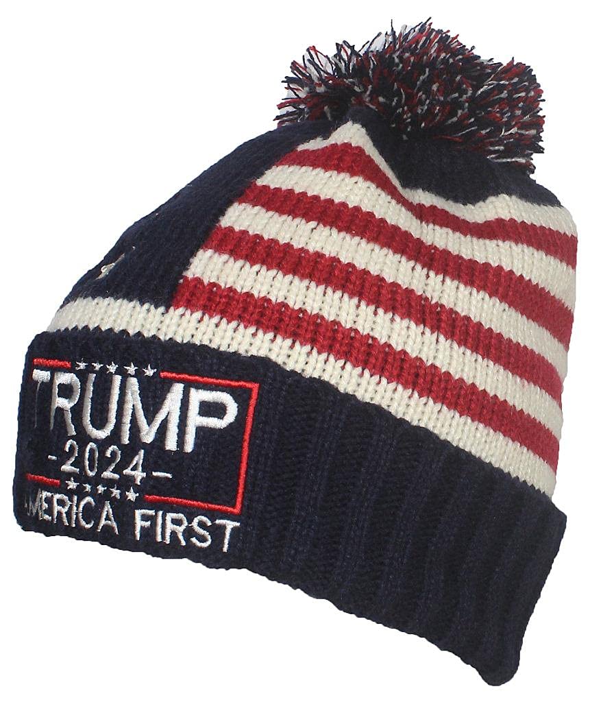 Trump Campaign Slogan Beanie Hat with Embroidered US Flag - Patriotic Winter Cap for Political Rallies & Outdoor Events