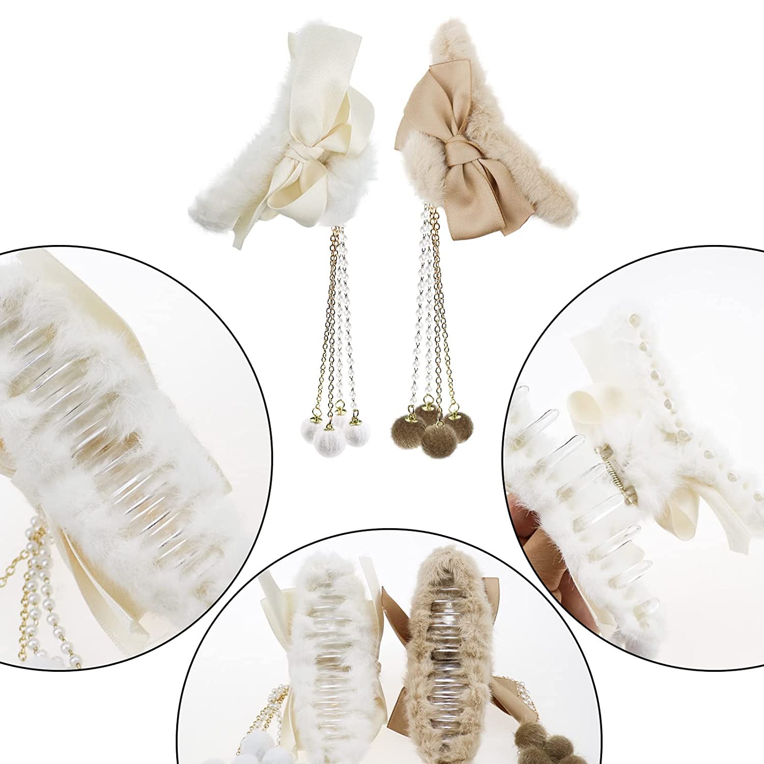2 Pack Furry Big Bow Hair Clips with Pearl Pendant - Non-Slip Hair Claws for Women & Girls - Perfect for Thin to Thick Hair Styling, Fashion Accessories for Parties, Weddings & Everyday Wear