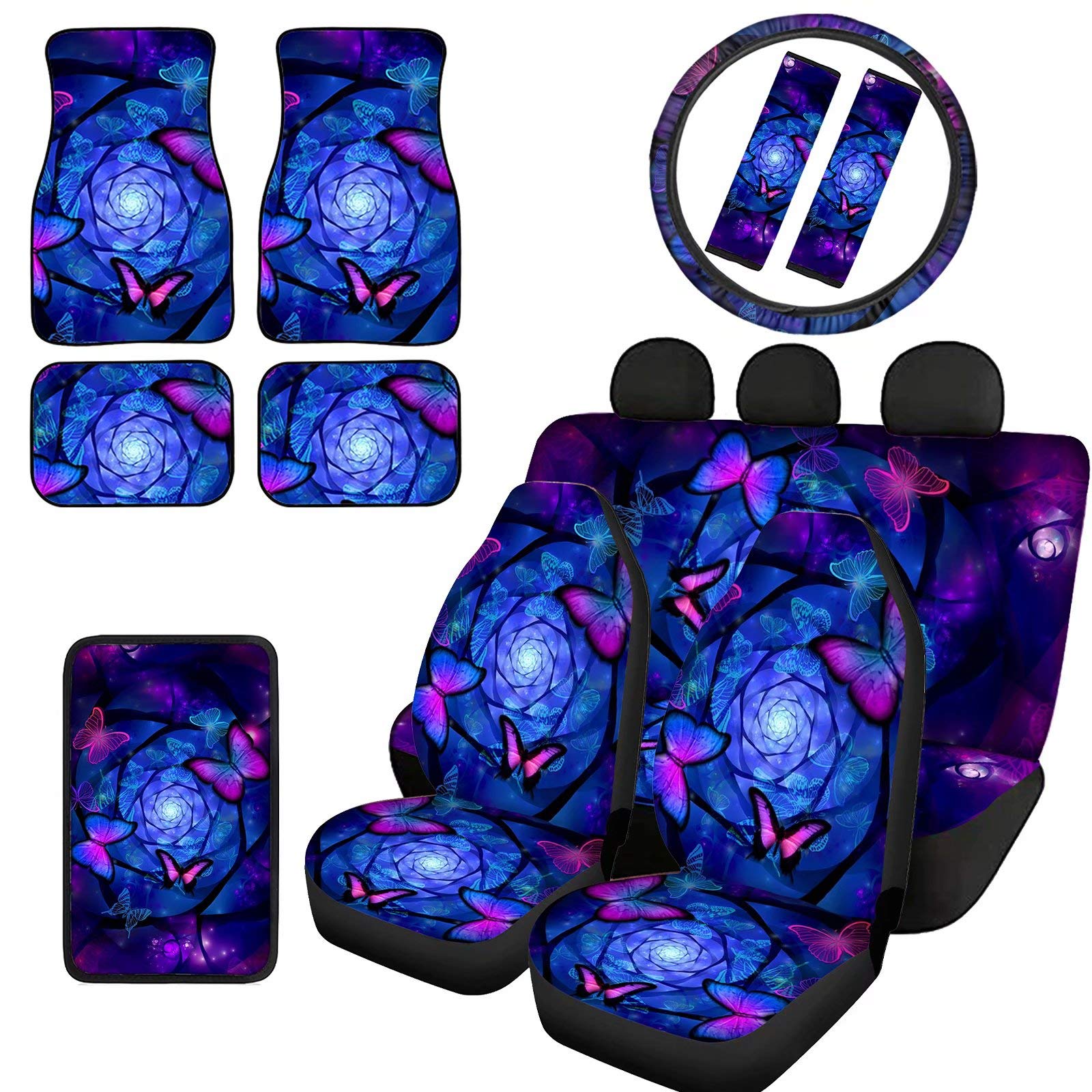 Pensura Blue Floral Butterfly 12-Piece Car Interior Accessories Set - Seat Cushions, Steering Wheel Cover, Floor Mats for SUV, Sedan, Truck & Van | Universal Fit for Comfort & Style | Perfect for Road Trips & Daily Commutes