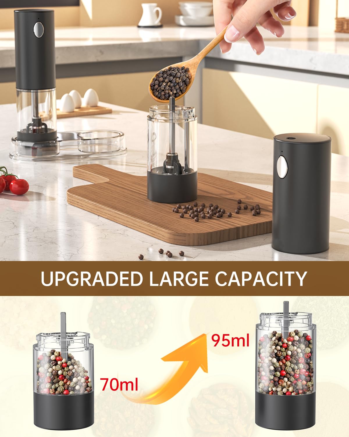 **Rechargeable Electric Salt and Pepper Grinder Set with Adjustable Coarseness & LED Light - 95ml Washable Container, Black - Perfect for Kitchen, Dining & Gourmet Cooking**