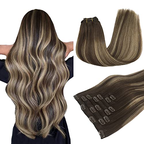 MAXITA 7pcs 18 Inch Clip-in Human Hair Extensions - 120g Balayage Chocolate Brown to Honey Blonde, Natural Straight Real Human Hair for Women | Perfect for Daily Styling, Parties & Special Occasions
