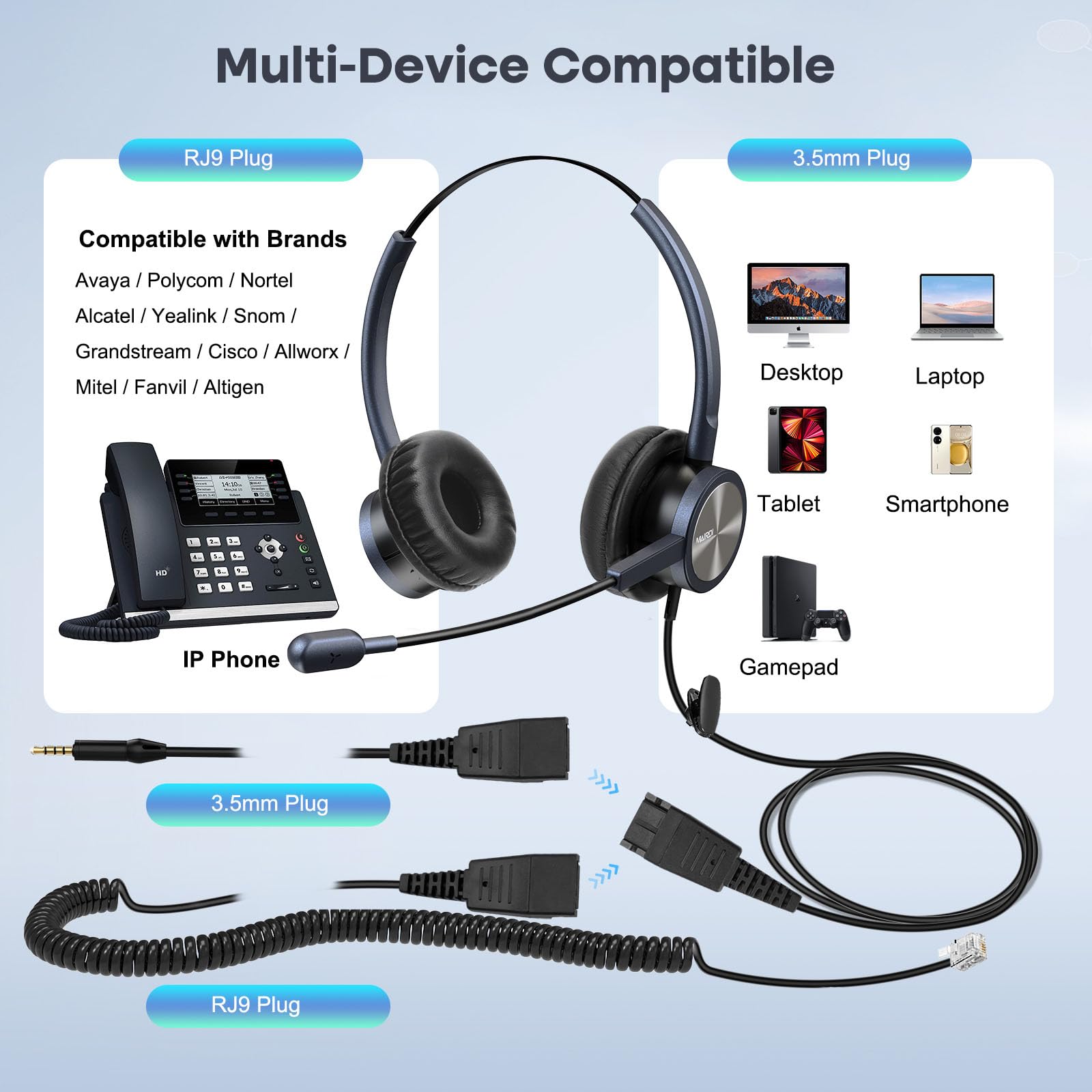 MAIRDI Noise Canceling Telephone Headset with Microphone - Binaural Office Headset with RJ9 Jack & 3.5mm Connector for Call Center, Desk Phone, Cell Phone, PC & Laptop - Compatible with Cisco 7941 7965 6941 7861 8811 8961 - Perfect for Remote Work, Customer Service & Business Calls