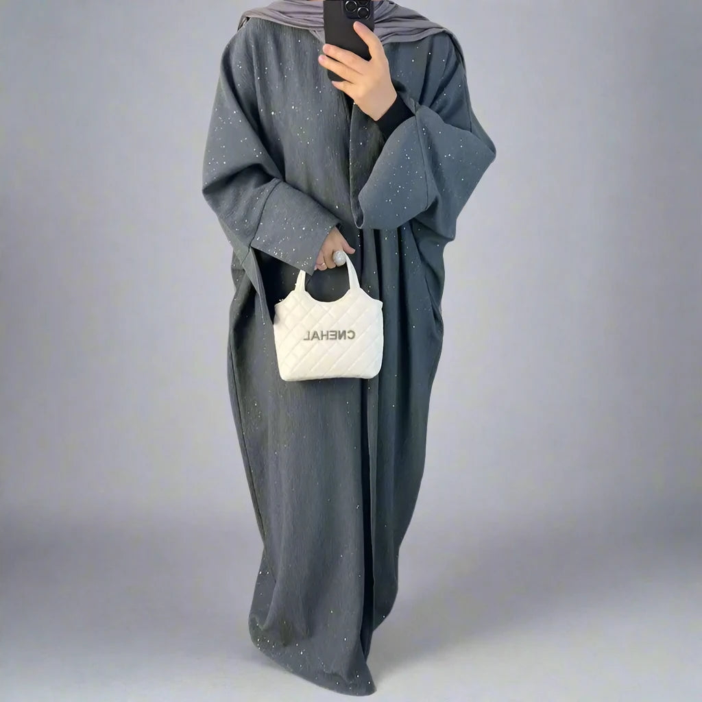 Elegant Muslim Women's Winter Fall Shining Powder Cardigan Open Abaya Dress - Perfect for Prayer, Special Occasions & Everyday Wear
