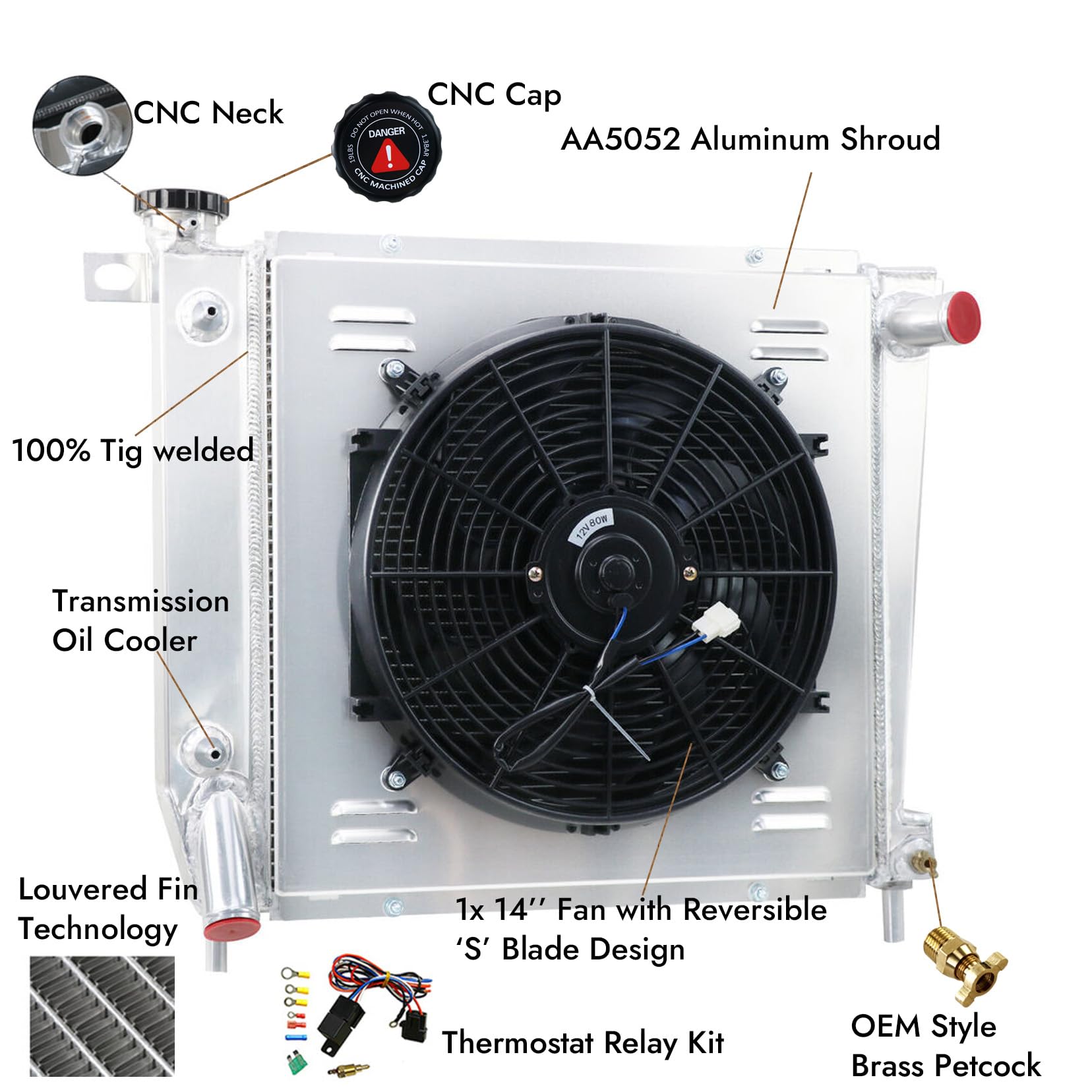 High-Performance 3-Row Aluminum Radiator for 1985-1994 Ford Explorer/Ranger/Bronco II V6 - Direct Fit Replacement with Cooling Fan Shroud & Relay Kit - Perfect for Off-Roading, Towing & Hot Weather Driving