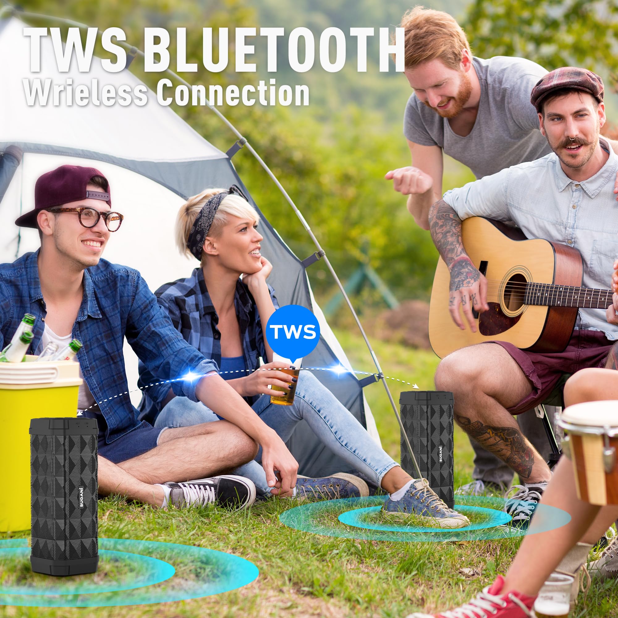 BUGANI Bluetooth Speakers - Portable Wireless Speakers with True Wireless Stereo (TWS) Pairing, Loud Stereo Sound, IPX5 Waterproof, Built-in Mic, 24H Playtime, USB-C Charging - Perfect for Outdoor Travel, Beach, Camping, Pool Parties & Home Use (2 Pack)