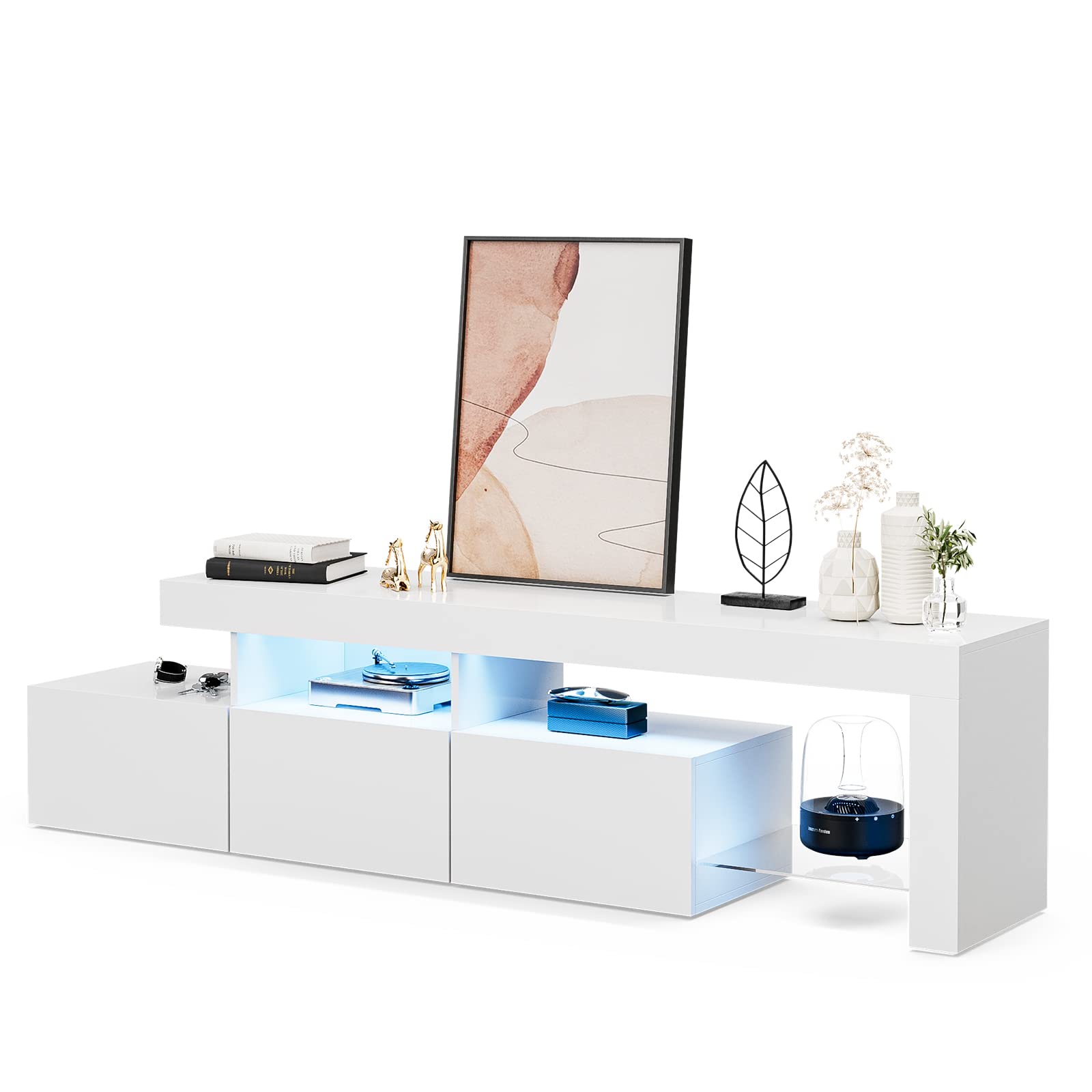 IKIFLY 75 Inch LED TV Stand with 3 Cabinets - High Glossy Modern Entertainment Center & Media Console for Living Room - White - Perfect for Home Theater & Living Room Organization