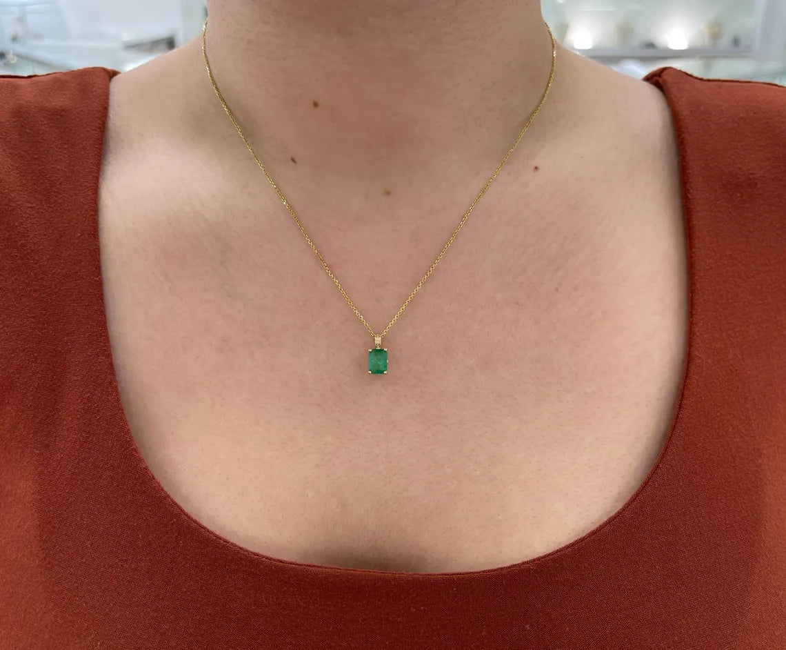 3.50ct Natural Emerald Cut Dark Green Emerald Floral Prong Necklace for Women - Elegant Jewelry Gift for Anniversary, Wedding & Special Occasions