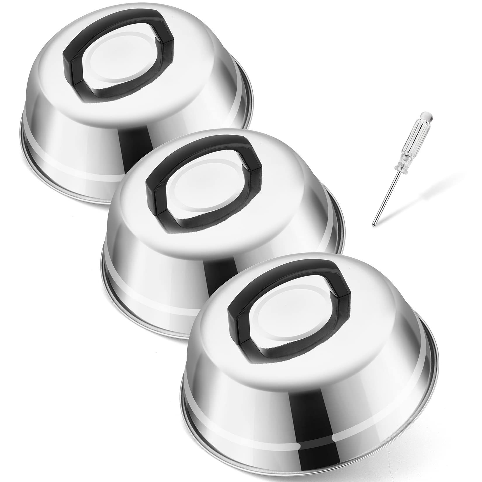 9 Inch Stainless Steel Basting Cover for Griddle - Cheese Melting Dome with Heat-Proof Handle - Heavy Duty & Dishwasher Safe - Perfect for Outdoor Camping, BBQ, Grilling & Teppanyaki Cooking (3-Pack)