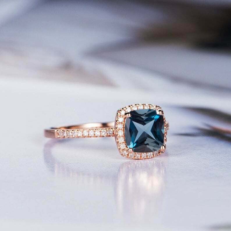 1.5ct Cushion Cut London Blue Topaz Engagement Ring for Women - Halo Rose Gold Plated Wedding Band, Anniversary Gift, Promise Ring - Perfect for Proposals, Bridal Jewelry & Special Occasions