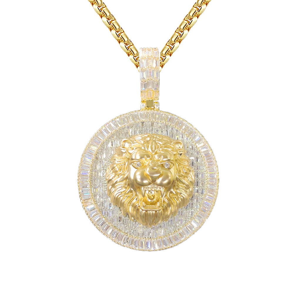 3D Lion Roaring Baguette Pendant for Men - Icy Yellow Tone Hip Hop Jewelry - Perfect for Streetwear, Rap Concerts & Urban Fashion Accessories