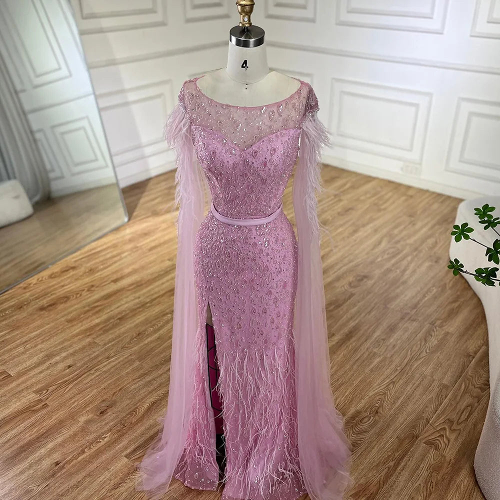 Serene Hill Pink Cape Sleeves Dubai Evening Gown - Mermaid Beaded Feather Dress for Women's Party & Special Occasions | Elegant Formal Wear for Weddings, Galas & Red Carpet Events
