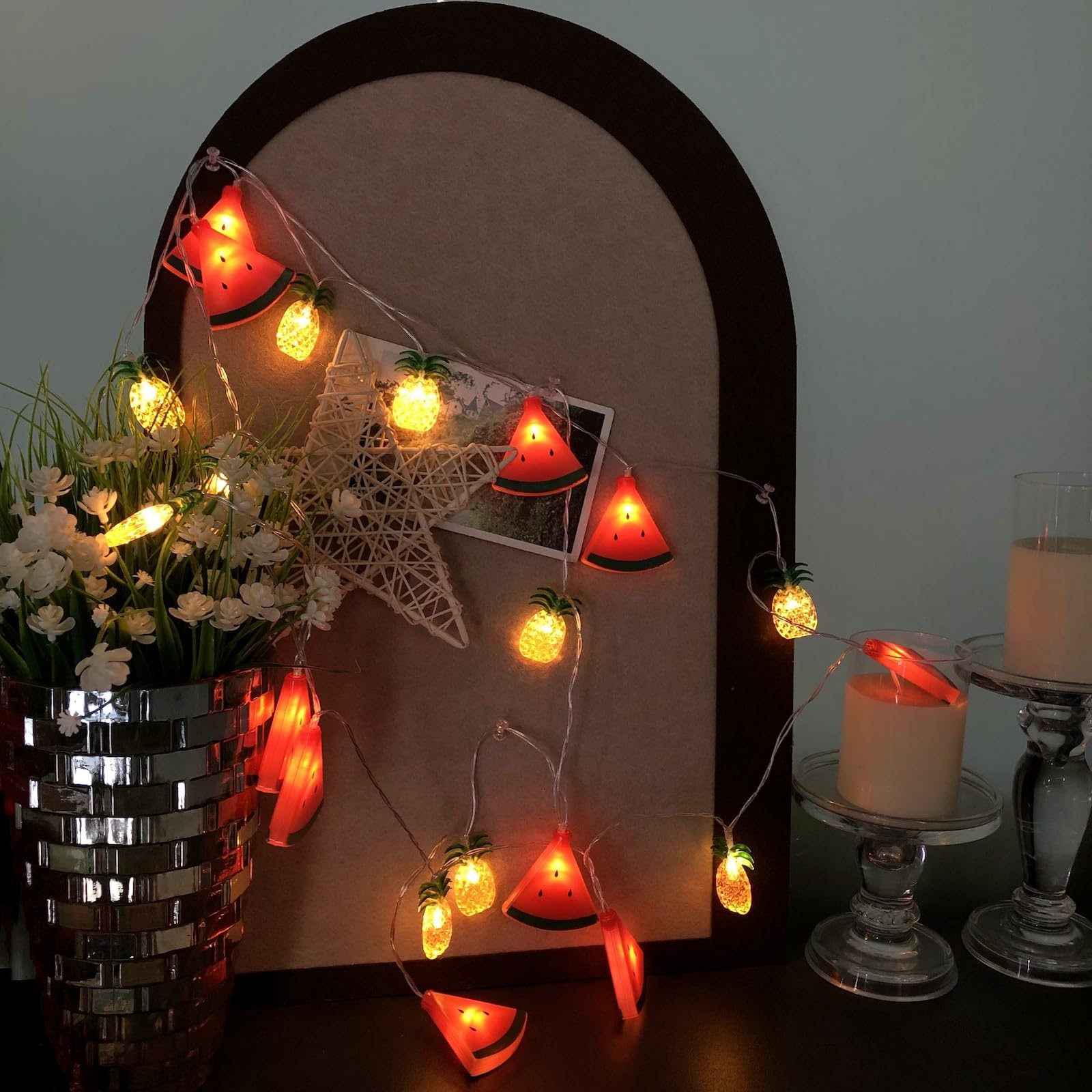 Watermelon Pineapple String Lights - 40 LED Battery Powered Fairy Lights for Wedding, Home, Birthday, Christmas Decor - Indoor & Outdoor Use (19.7ft, Watermelon+Pineapple Design) - Perfect for Patio, Garden, Bedroom, and Party Decorations