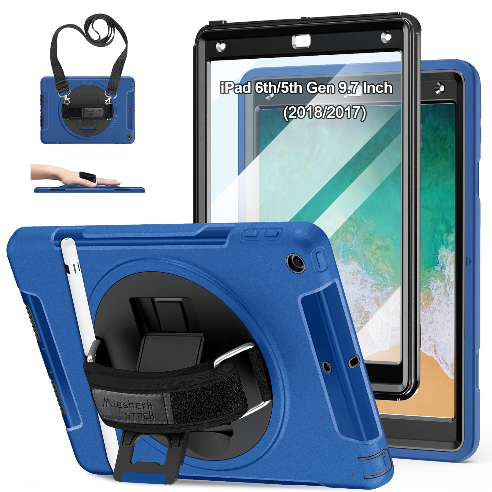 Premium Shockproof iPad Case for iPad 6th/5th Gen & iPad Air 2 (9.7 Inch 2018/2017 Models) - Lightweight TPU Protective Cover with Stand, Handle, Shoulder Strap & Apple Pencil Holder - Perfect for Work, Travel & School - Blue